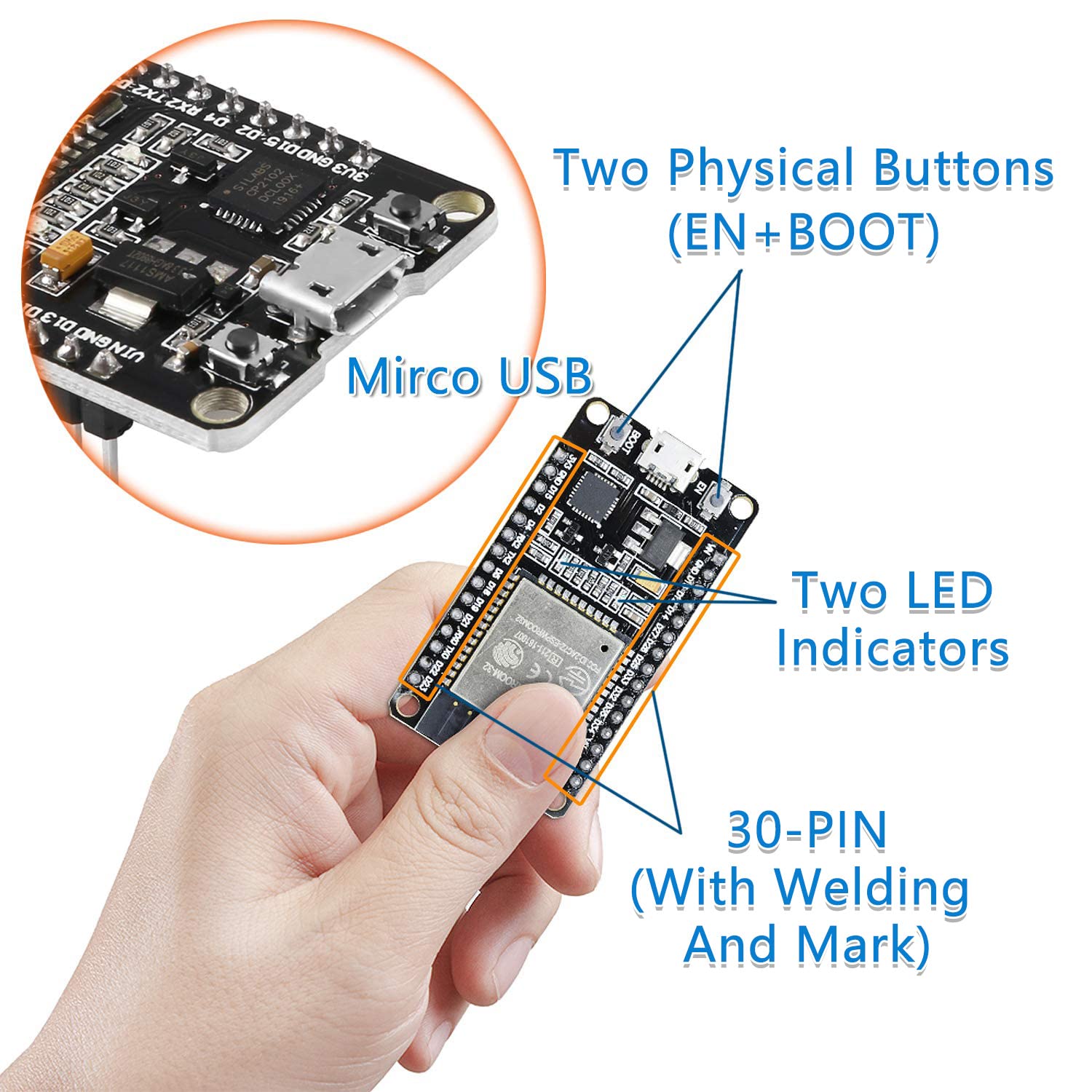 6-Pack ESP-WROOM-32 Development Board Aideepen ESP32S Dual-Core 2.4GHz Compatible with Arduino Nodemcu MicroPython 30PIN Micro USB - View 2 of 7