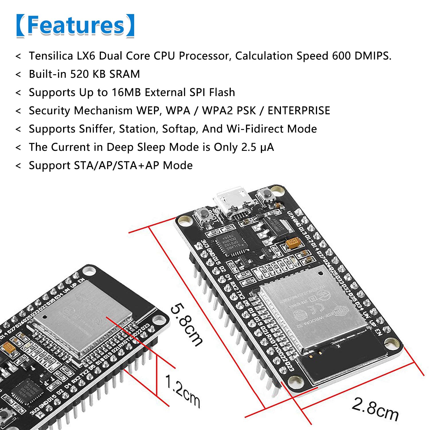 6-Pack ESP-WROOM-32 Development Board Aideepen ESP32S Dual-Core 2.4GHz Compatible with Arduino Nodemcu MicroPython 30PIN Micro USB - View 3 of 7