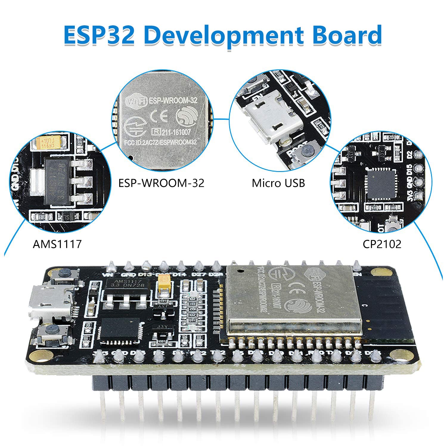 6-Pack ESP-WROOM-32 Development Board Aideepen ESP32S Dual-Core 2.4GHz Compatible with Arduino Nodemcu MicroPython 30PIN Micro USB - View 5 of 7