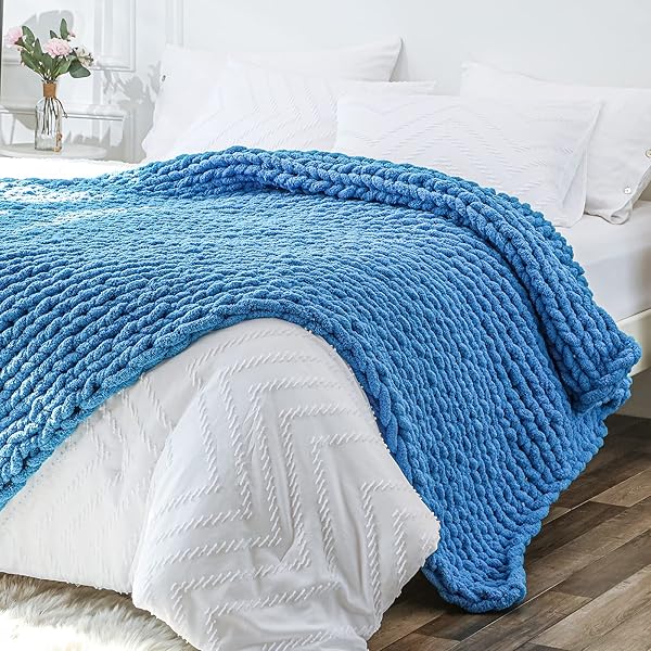 Bigacogo Bigacogo Chunky Knit Throw Blanket 51x63 inches Hand Knitted Jumbo Chenille Yarn Cozy Soft Rope Knot Crochet for Sofa Bed Living Room Bright Blue