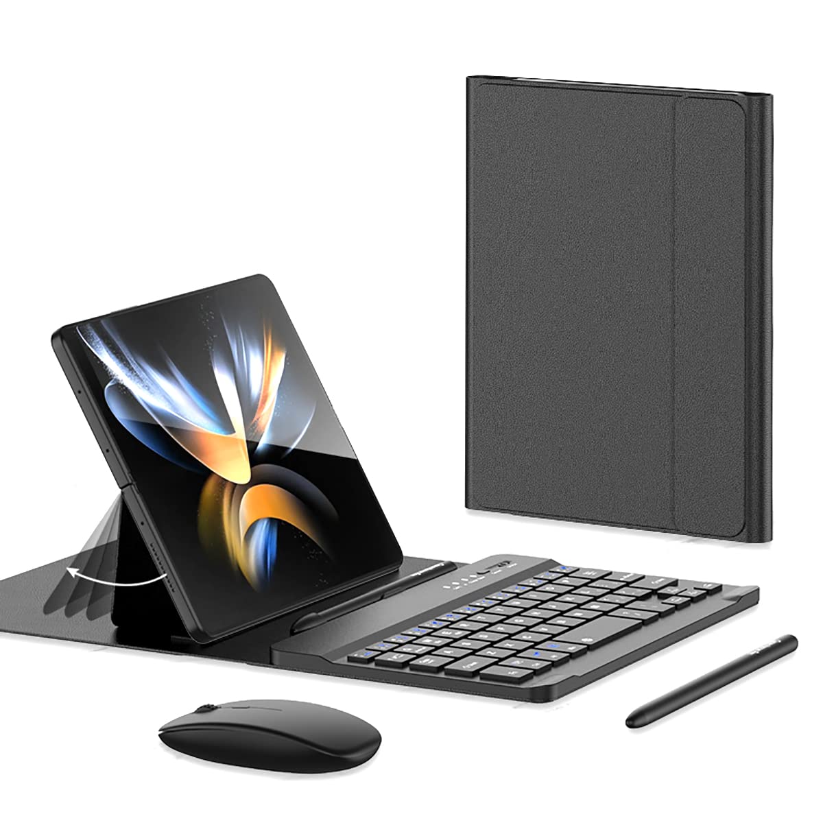 SHIEID Galaxy Z Fold 4 Keyboard with Bluetooth Mouse and Pen Wireless Connection Leather Cover for Galaxy Z Fold4 and Z Fold3 Black