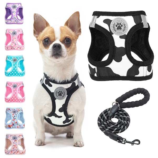 BEAUTYZOO BEAUTYZOO Small Dog Harness and Leash Set Cow Print No Pull Reflective Soft Padded Mesh Vest for XXS XS S Dogs and Cats