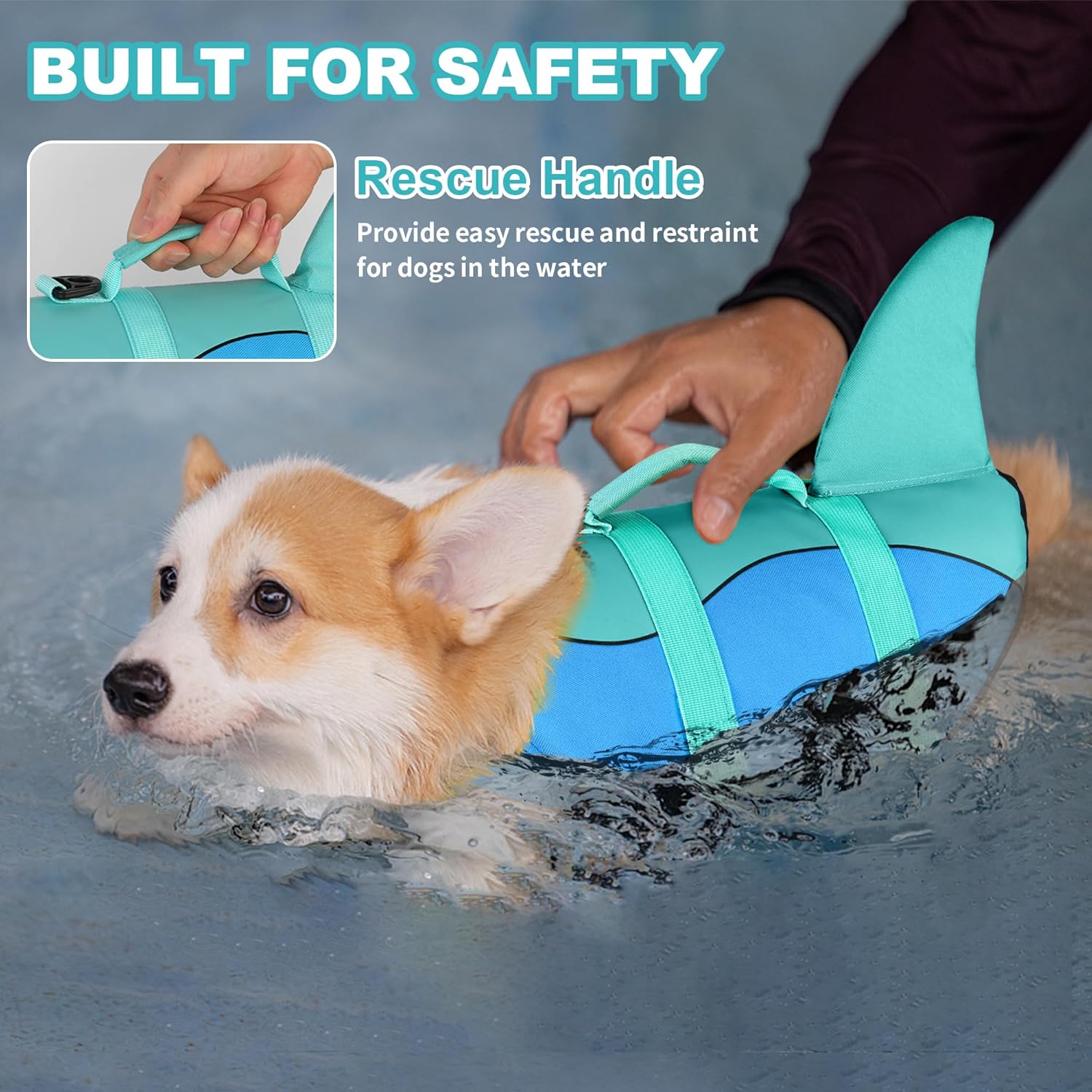 Dogcheer Dogcheer Dog Life Jacket Cute Shark Vest for Swimming Boating Adjustable Buoyancy Rescue Handle for Small Medium Large Dogs Pool Blue - View 3 of 9