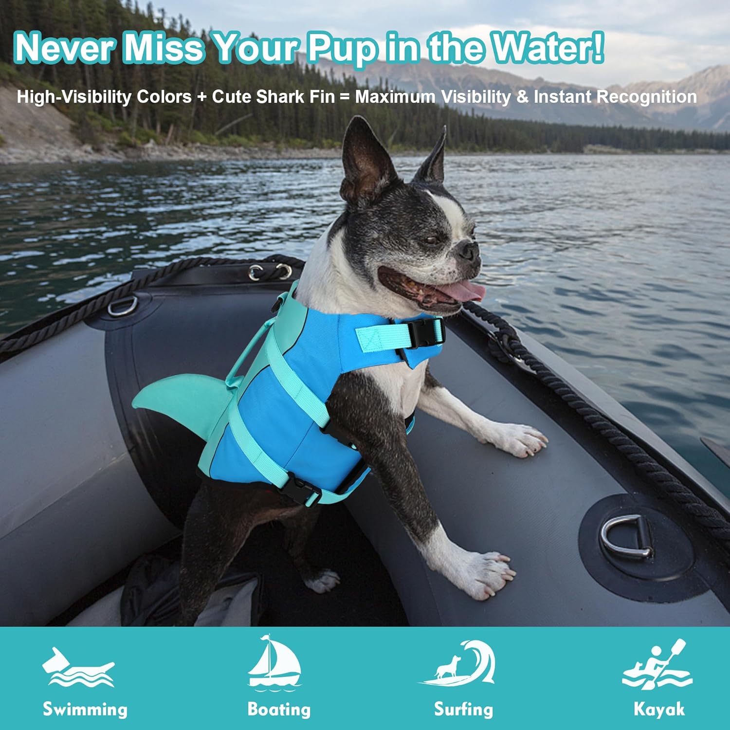 Dogcheer Dogcheer Dog Life Jacket Cute Shark Vest for Swimming Boating Adjustable Buoyancy Rescue Handle for Small Medium Large Dogs Pool Blue - View 8 of 9