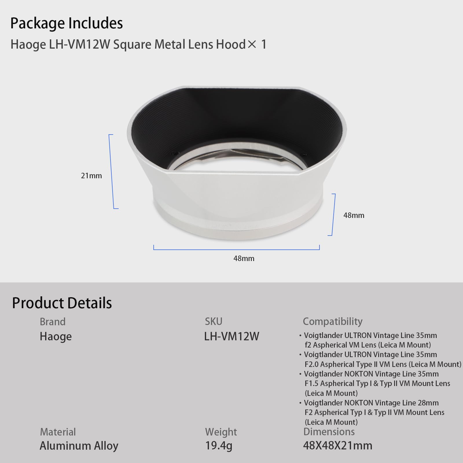 Haoge Haoge LH-VM12W Bayonet Square Metal Lens Hood for Voigtlander 35mm f2 Ultron Vintage Line VM Lens Silver Replacement - View 7 of 9