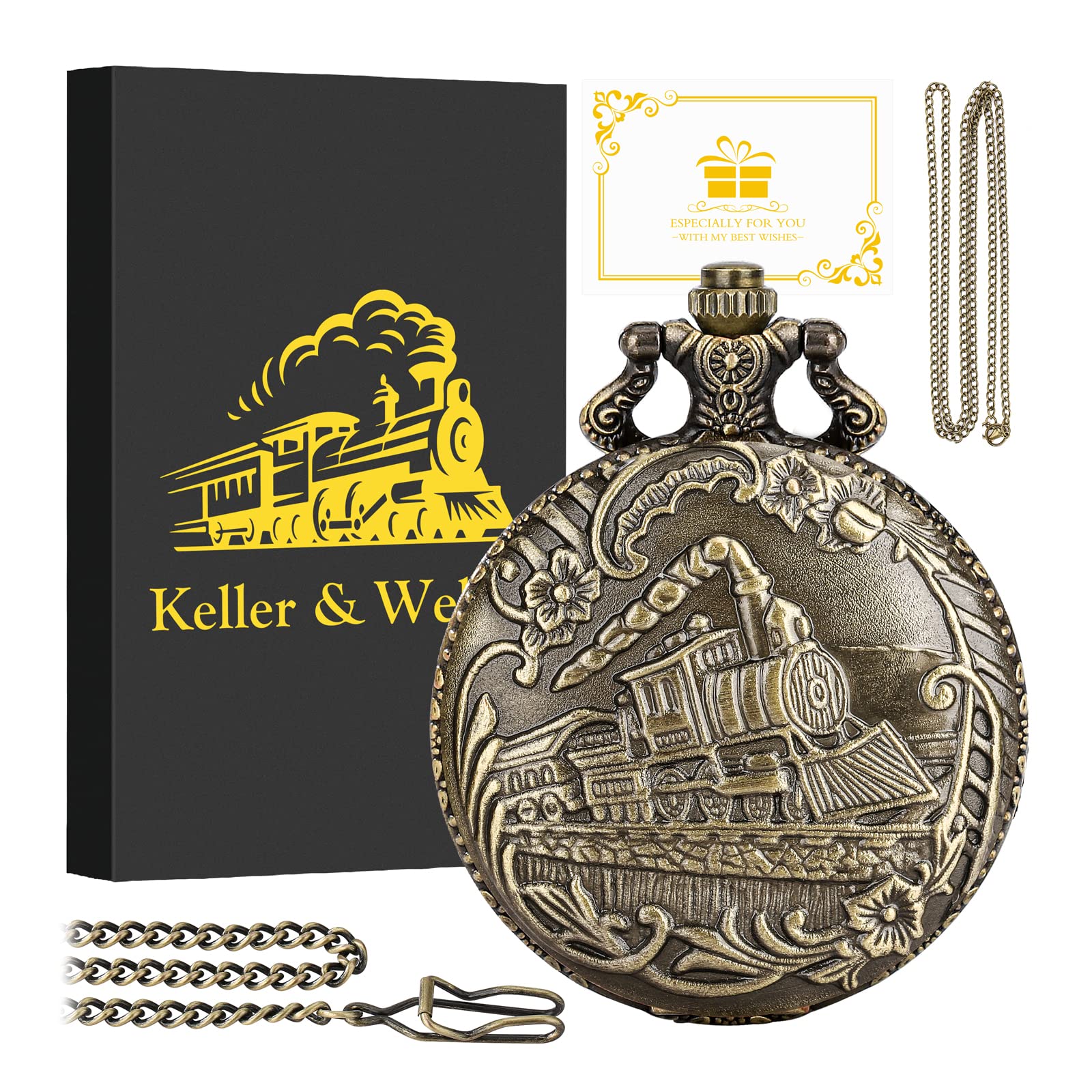 Keller & Weber Keller and Weber Men's Pocket Watch FOB with Chain Gift Box and Card Steam Locomotive Design - View 2 of 9