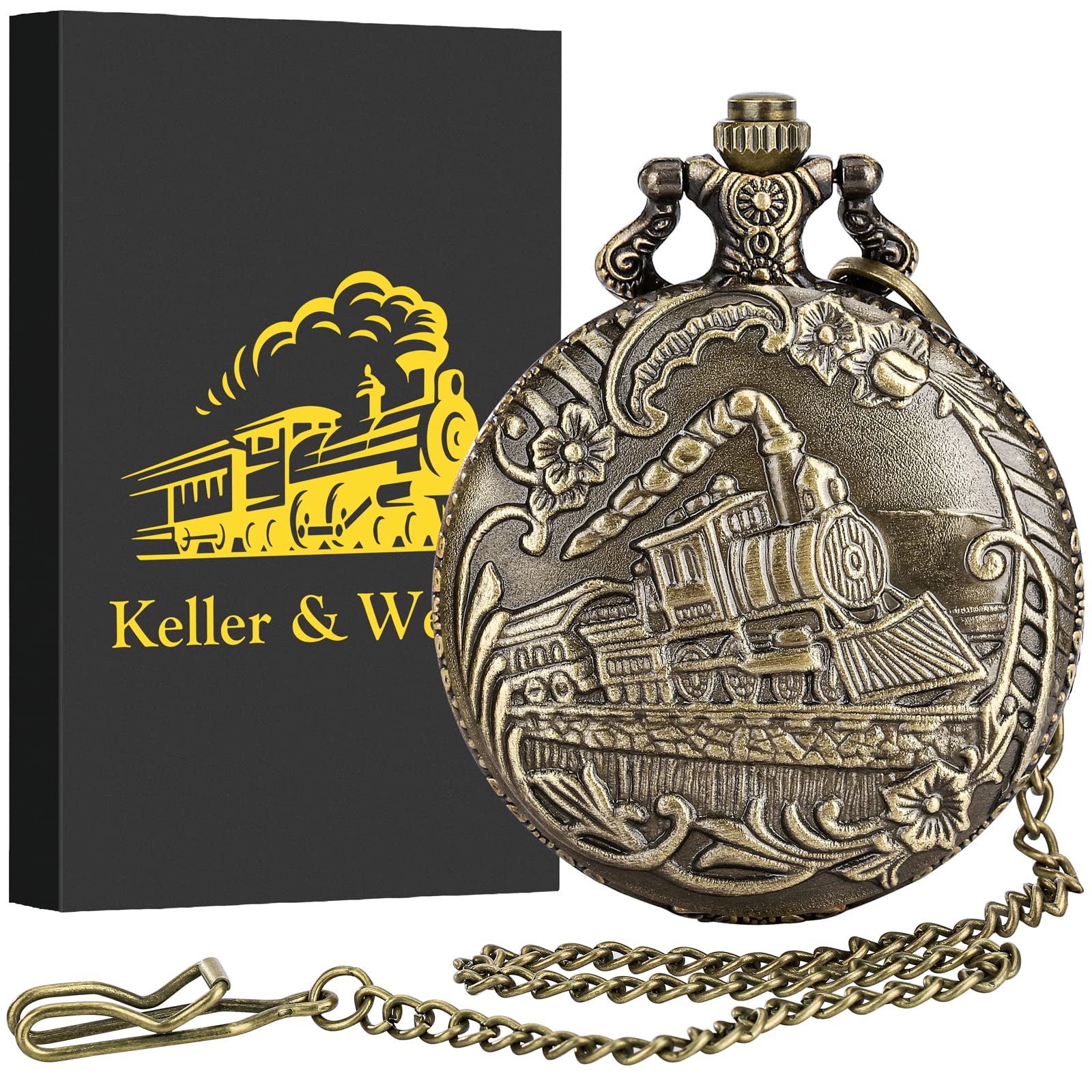 Keller & Weber Keller and Weber Men's Pocket Watch FOB with Chain Gift Box and Card Steam Locomotive Design - View 3 of 9