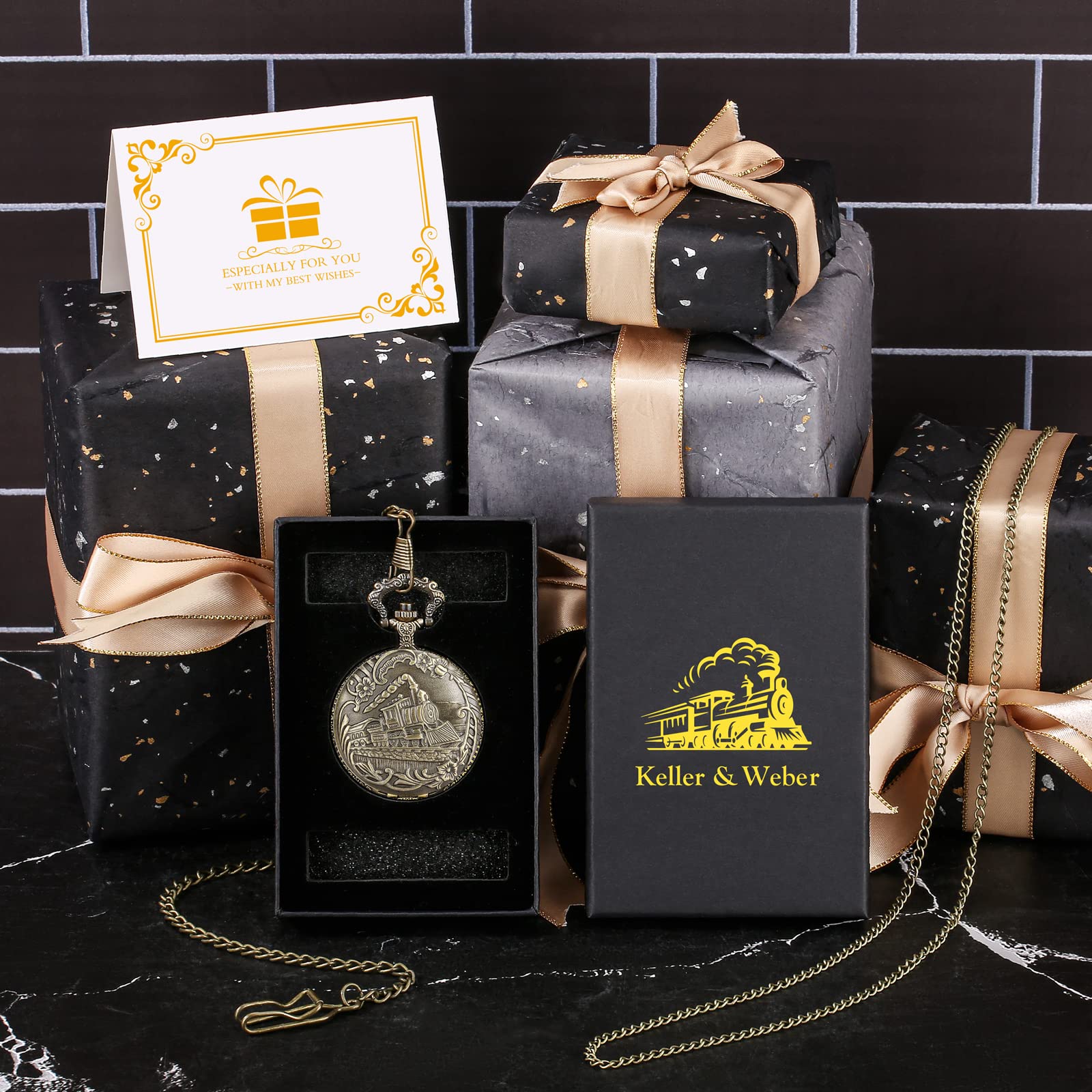 Keller & Weber Keller and Weber Men's Pocket Watch FOB with Chain Gift Box and Card Steam Locomotive Design - View 4 of 9