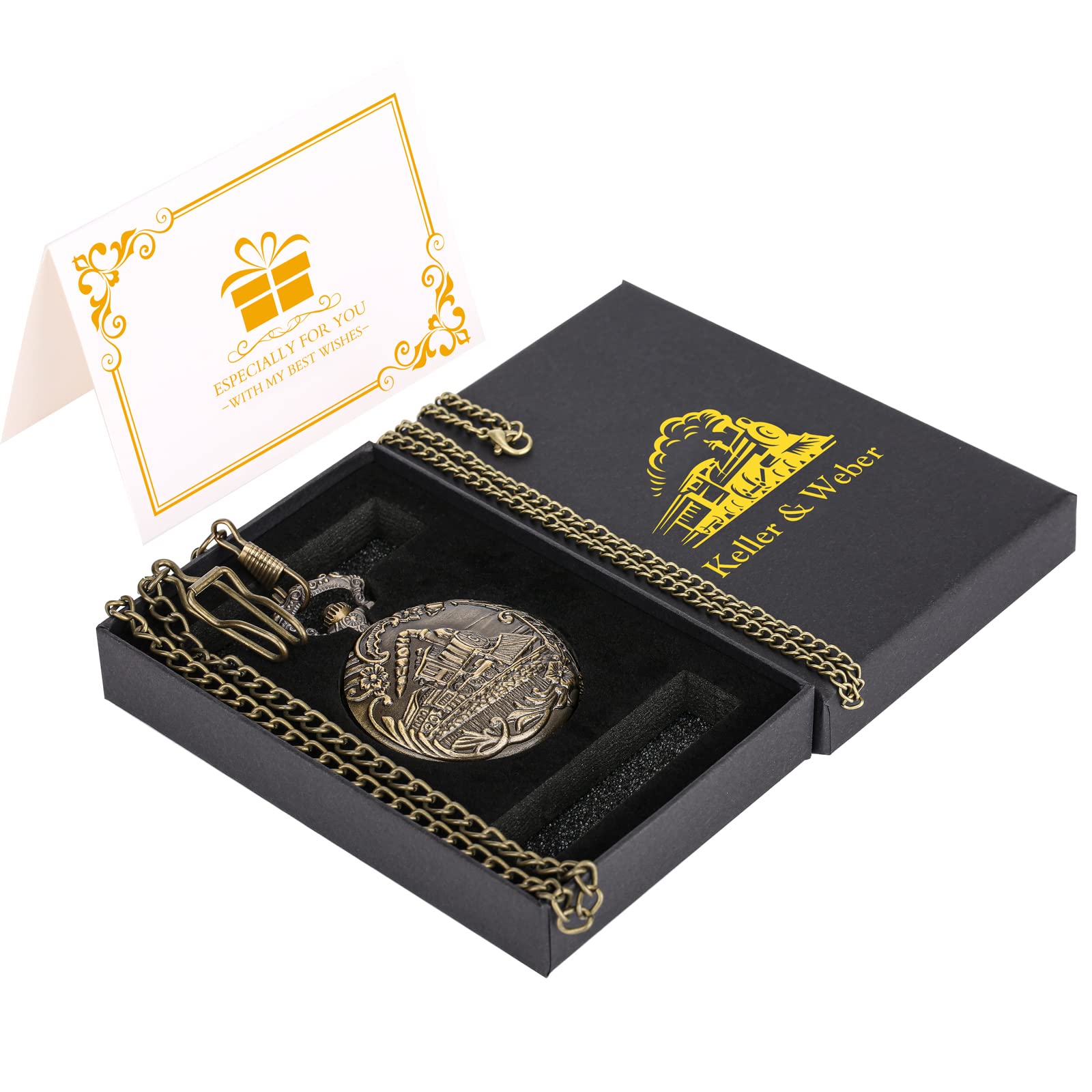 Keller & Weber Keller and Weber Men's Pocket Watch FOB with Chain Gift Box and Card Steam Locomotive Design - View 7 of 9