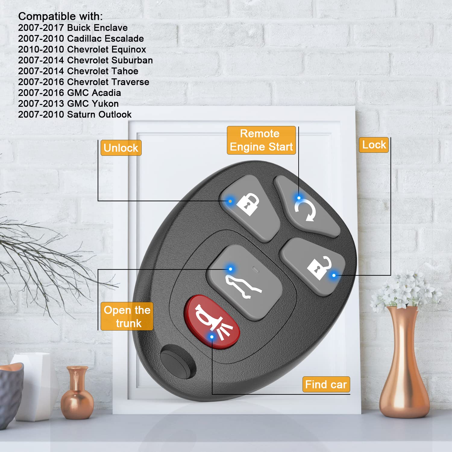 Remote Key Fob Replacement Fits for Chevy Traverse 2007-2016 Tahoe Suburban GMC Acadia Yukon XL Buick Enclave Cadillac Escalade Saturn Outlook FCCID: - View 2 of 6