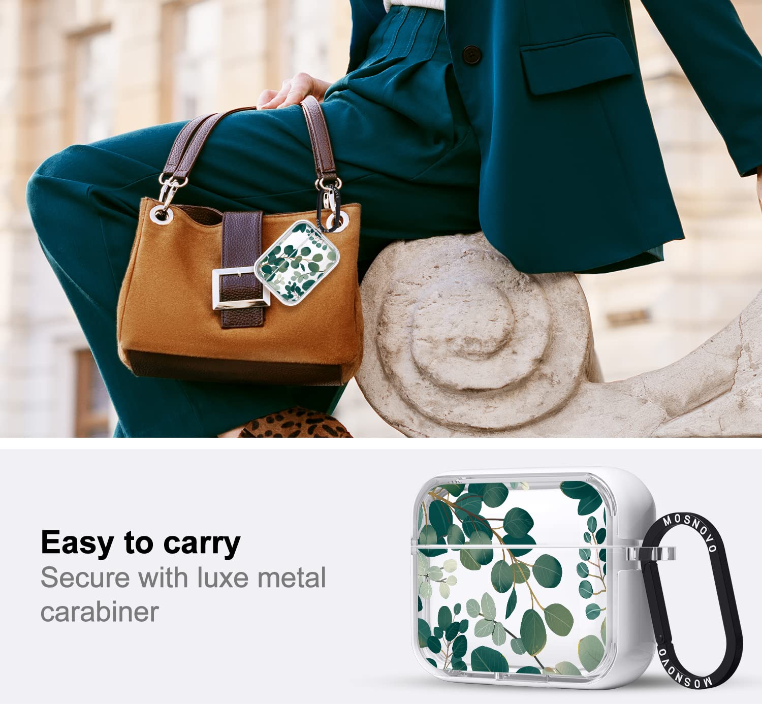 MOSNOVO Clear Protective Case for Airpods Pro and Pro 2 with Shockproof Dual Layer and Luxe Metal Ring in Eucalyptus Color - View 3 of 6