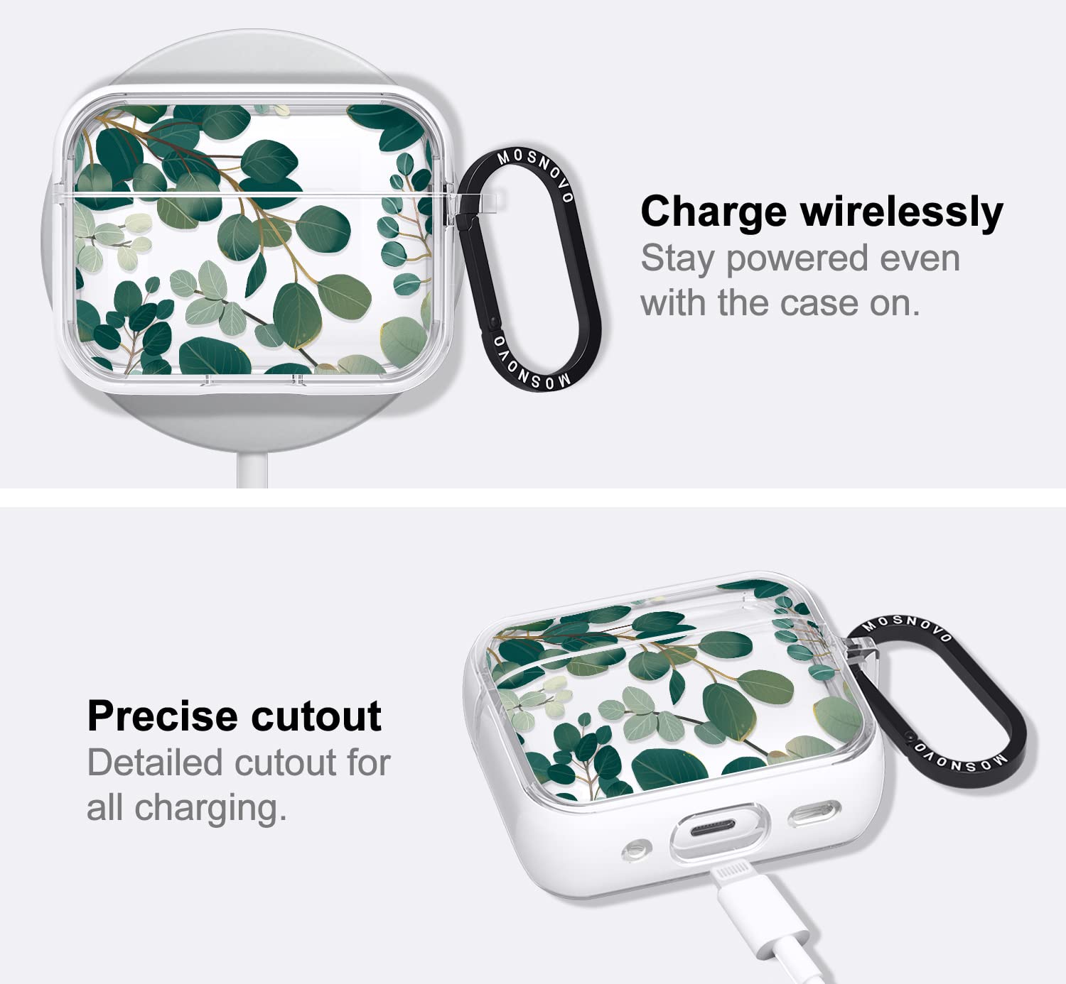 MOSNOVO Clear Protective Case for Airpods Pro and Pro 2 with Shockproof Dual Layer and Luxe Metal Ring in Eucalyptus Color - View 5 of 6