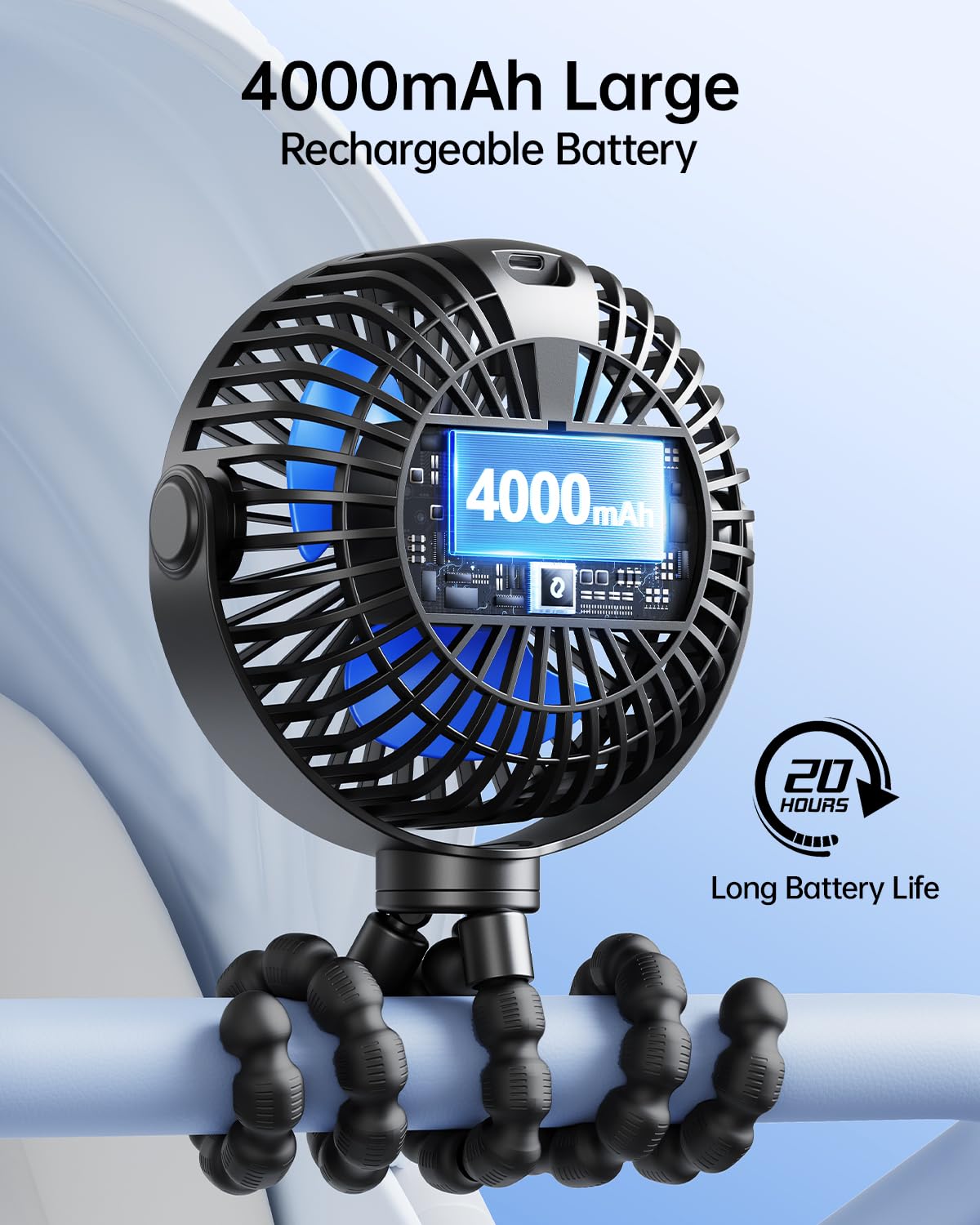 SWEETFULL Portable Stroller Fan 4000mAh Battery Mini Clip On 4-Speed Rechargeable Personal Cooling for Baby Car Seat Crib Travel Black - View 4 of 7