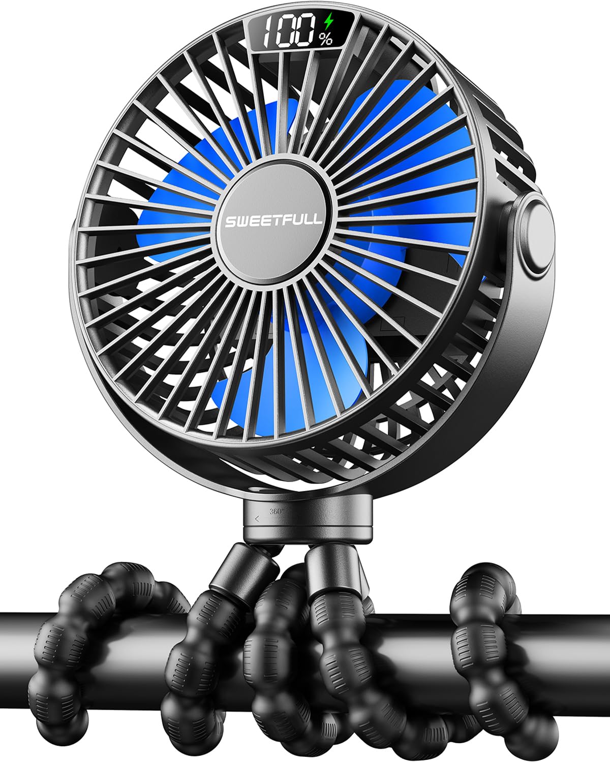 SWEETFULL Portable Stroller Fan 4000mAh Battery Mini Clip On 4-Speed Rechargeable Personal Cooling for Baby Car Seat Crib Travel Black