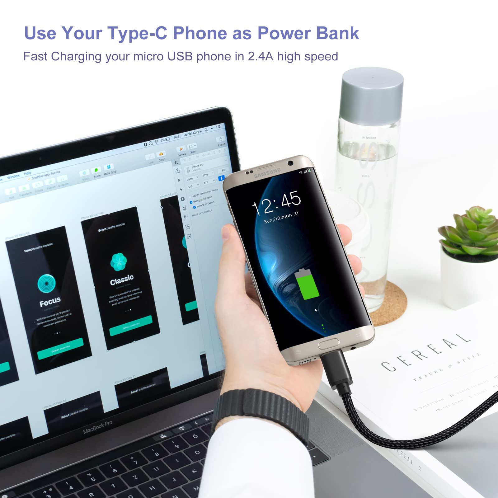 Eversame Eversame 3FT USB C to Micro USB Cable Nylon Braided Compatible with Samsung Galaxy LG HTC PS4 Kindle Android Phone Black - View 2 of 7