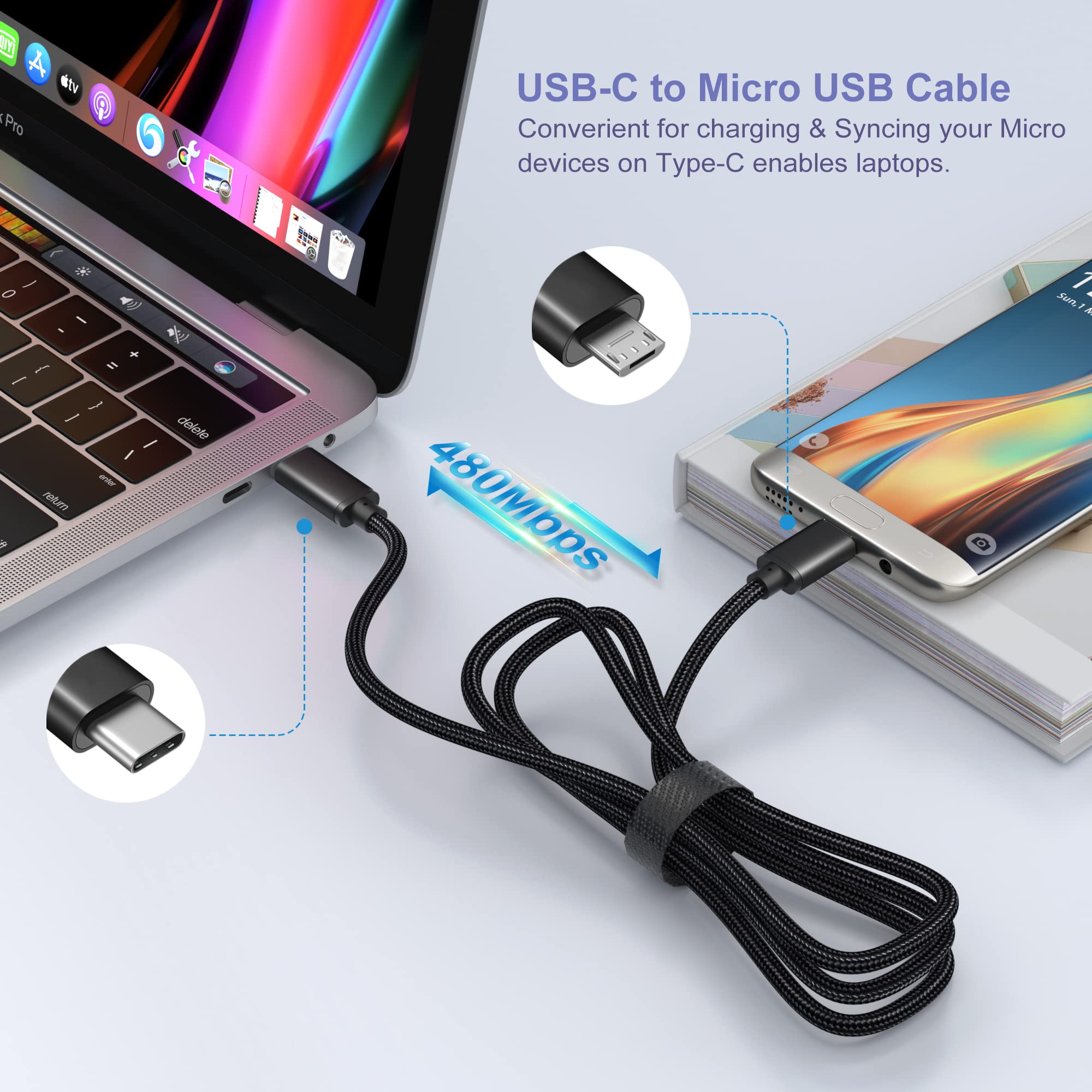 Eversame Eversame 3FT USB C to Micro USB Cable Nylon Braided Compatible with Samsung Galaxy LG HTC PS4 Kindle Android Phone Black - View 4 of 7