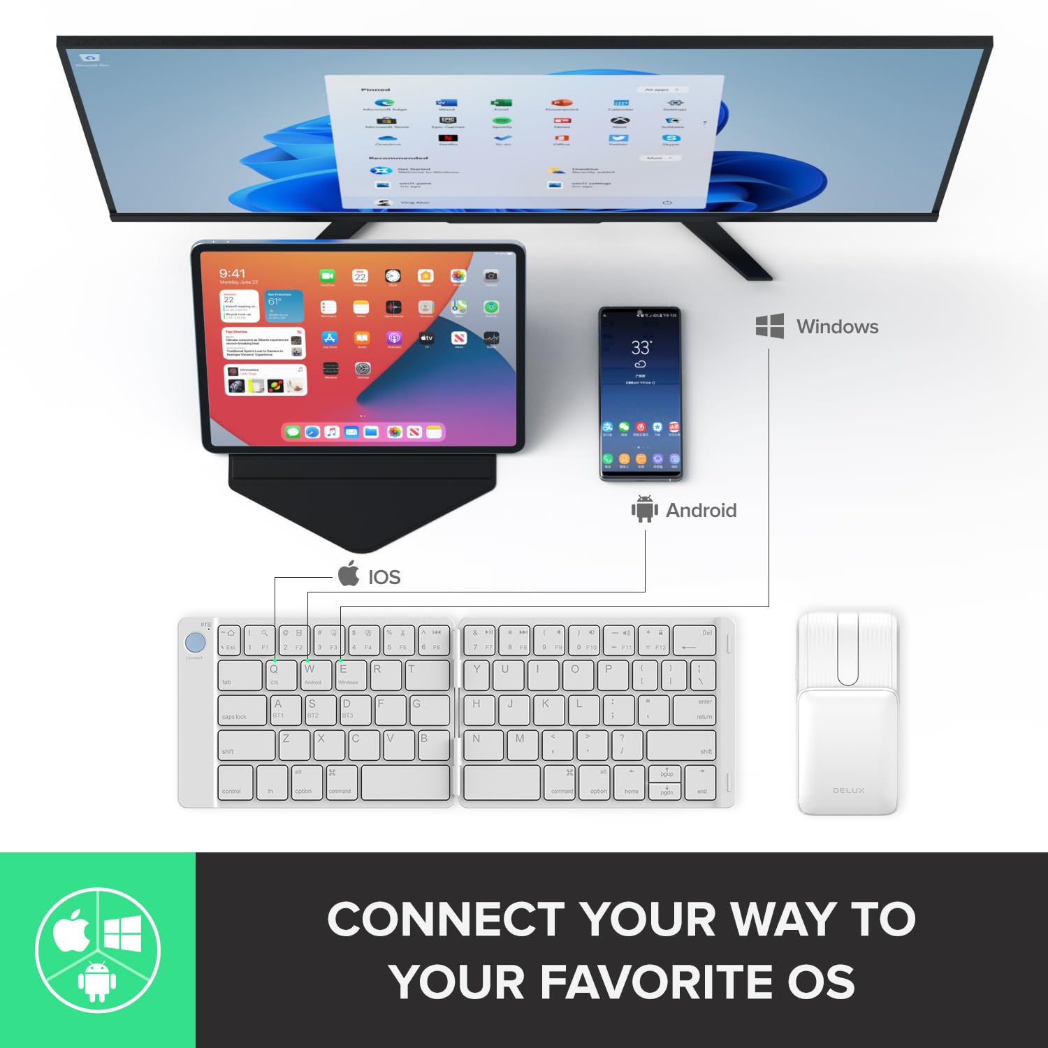 DELUX DELUX PockCombo Wireless Portable Keyboard and Mouse with Case Bluetooth Foldable 2-in-1 Mini Mouse White - View 3 of 9