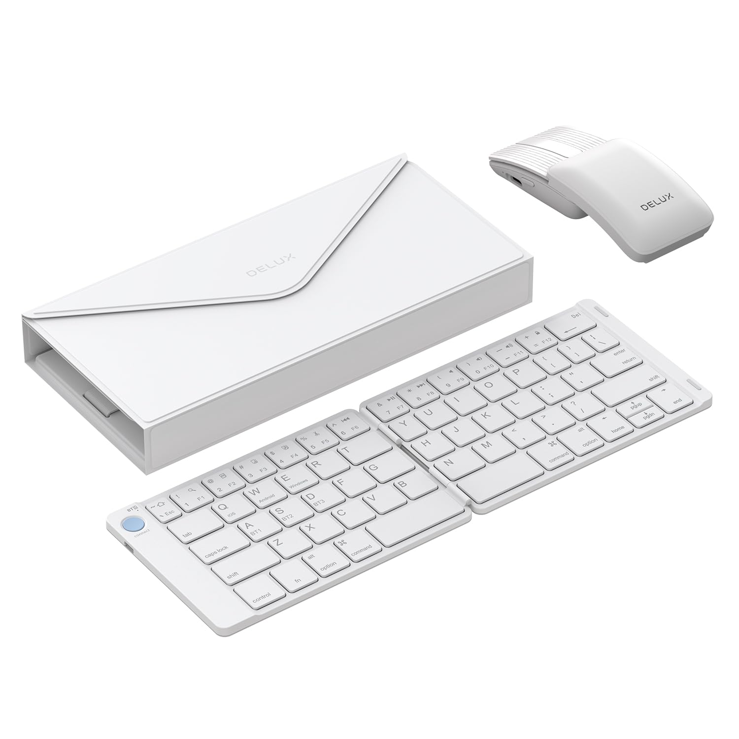 DELUX DELUX PockCombo Wireless Portable Keyboard and Mouse with Case Bluetooth Foldable 2-in-1 Mini Mouse White