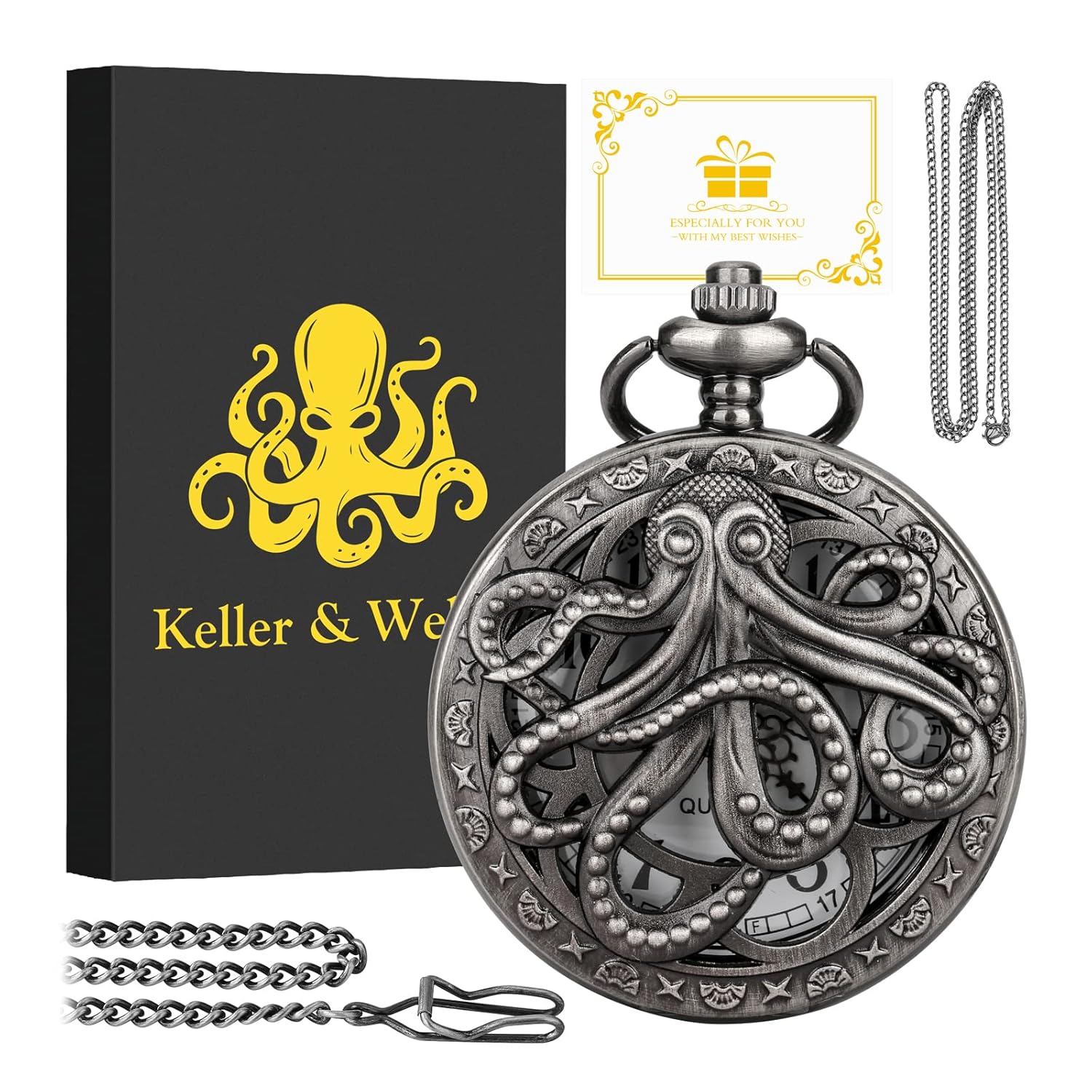 Keller & Weber Keller and Weber Vintage Pocket Watch for Men Gift Set with Chain Box Perfect for Christmas Father's Day Gifts for Dad Husband Boyfriend - View 3 of 9
