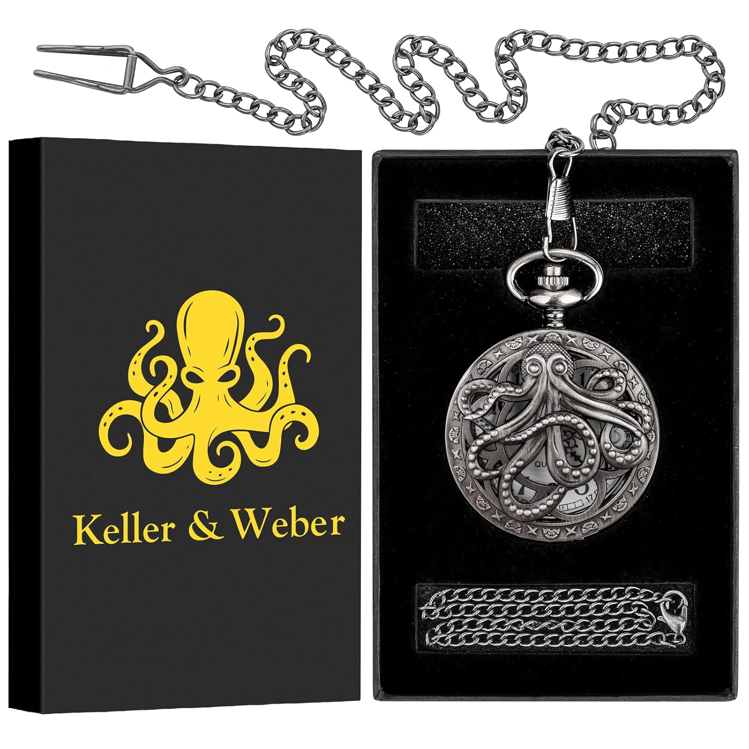 Keller and Weber Vintage Pocket Watch for Men Gift Set with Chain Box Perfect for Christmas Father's Day Gifts for Dad Husband Boyfriend