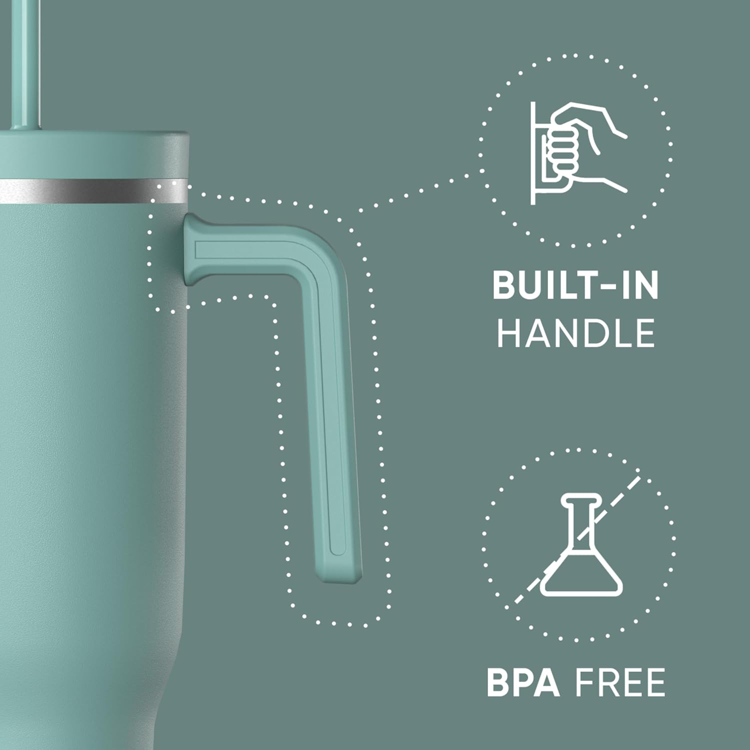 Hydrapeak Hydrapeak Voyager 40 Oz Stainless Steel Tumbler Insulated Water Bottle with Handle Straw Lid Cupholder Friendly Pale Sage - View 2 of 8