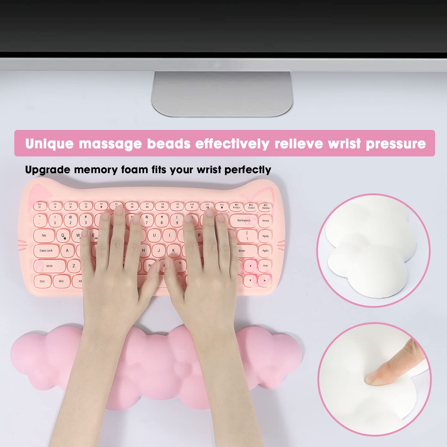 ATTACK SHARK Ergonomic Pink Gaming Keyboard Wrist Rest Pad - Memory Foam Palm Support for Pain Relief & Comfort - View 6 of 8
