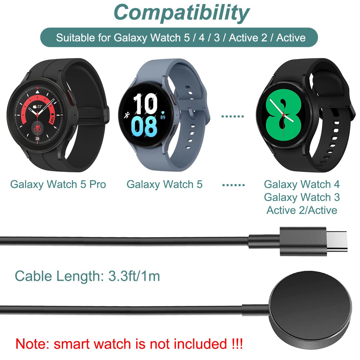 Charger for Samsung Watch - Galaxy Watch 7 Ultra 6 6 Classic 5 5 Pro 4 4 Classic 3 Active 2 Active Charging Cable with Alumium Case (USB-C) - View 2 of 7
