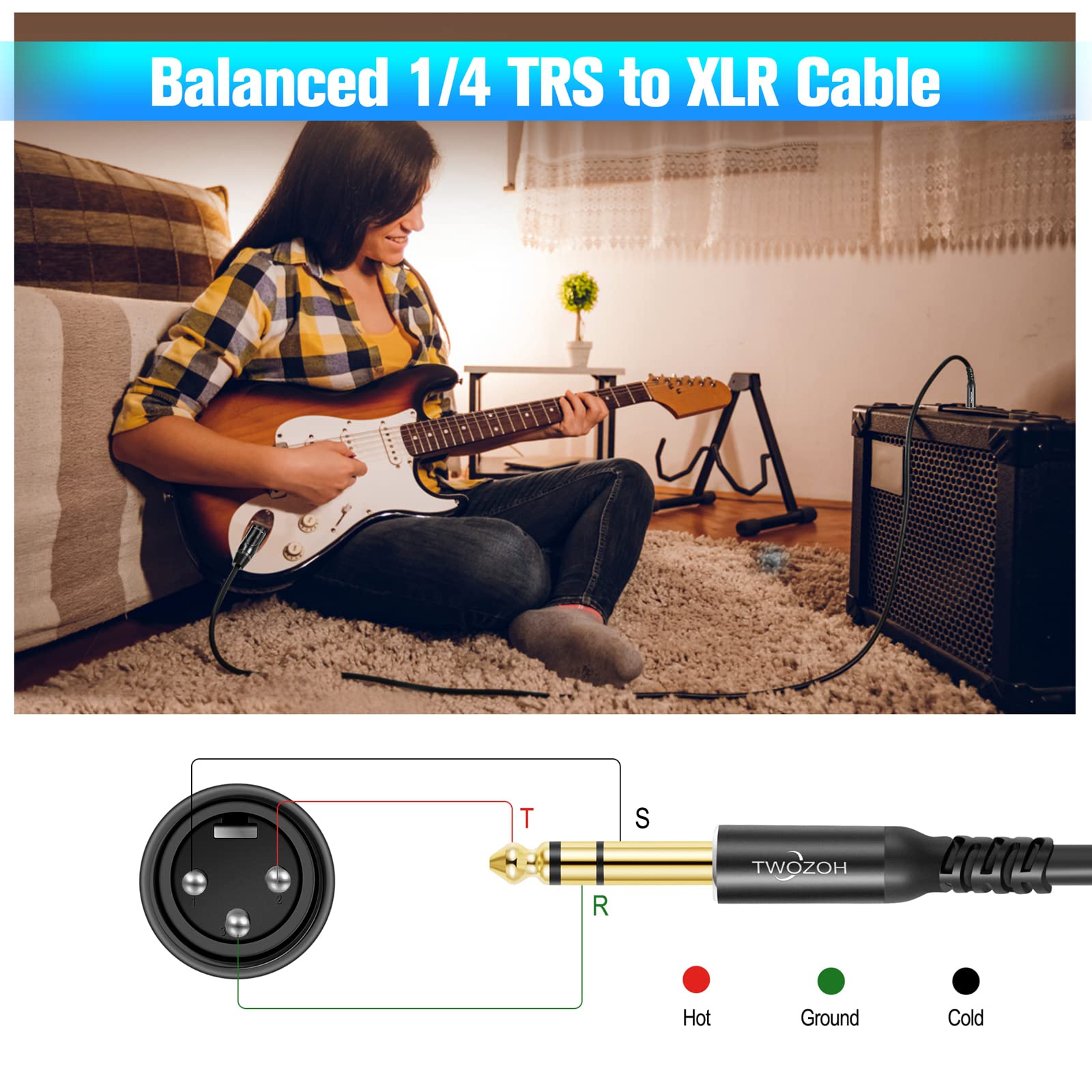 Twozoh XLR Male to 1 4 Inch Jack TRS Cable 3.3FT 2 Pack, Balanced 6.35mm Plug to 3 pin XLR Male, Quarter inch to XLR Stereo Guitar Cable - View 2 of 7