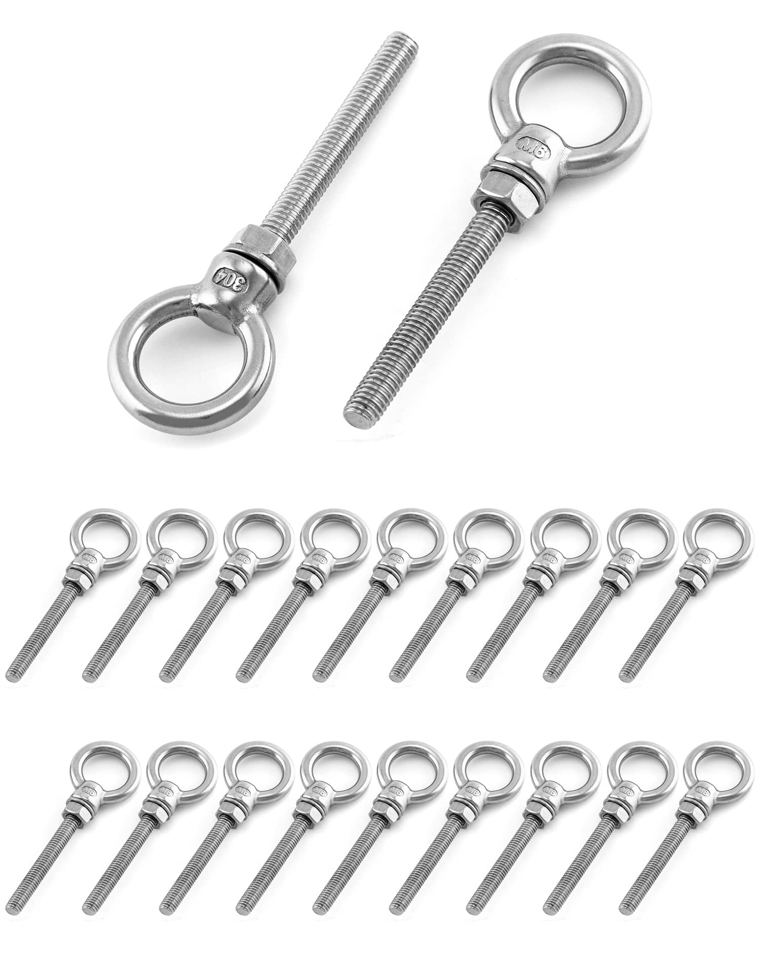 QWORK Threaded Eyebolts, 20 Pack 1 4" x 2" Long 304 Stainless Steel Marine Grade Shoulder Eye Bolt