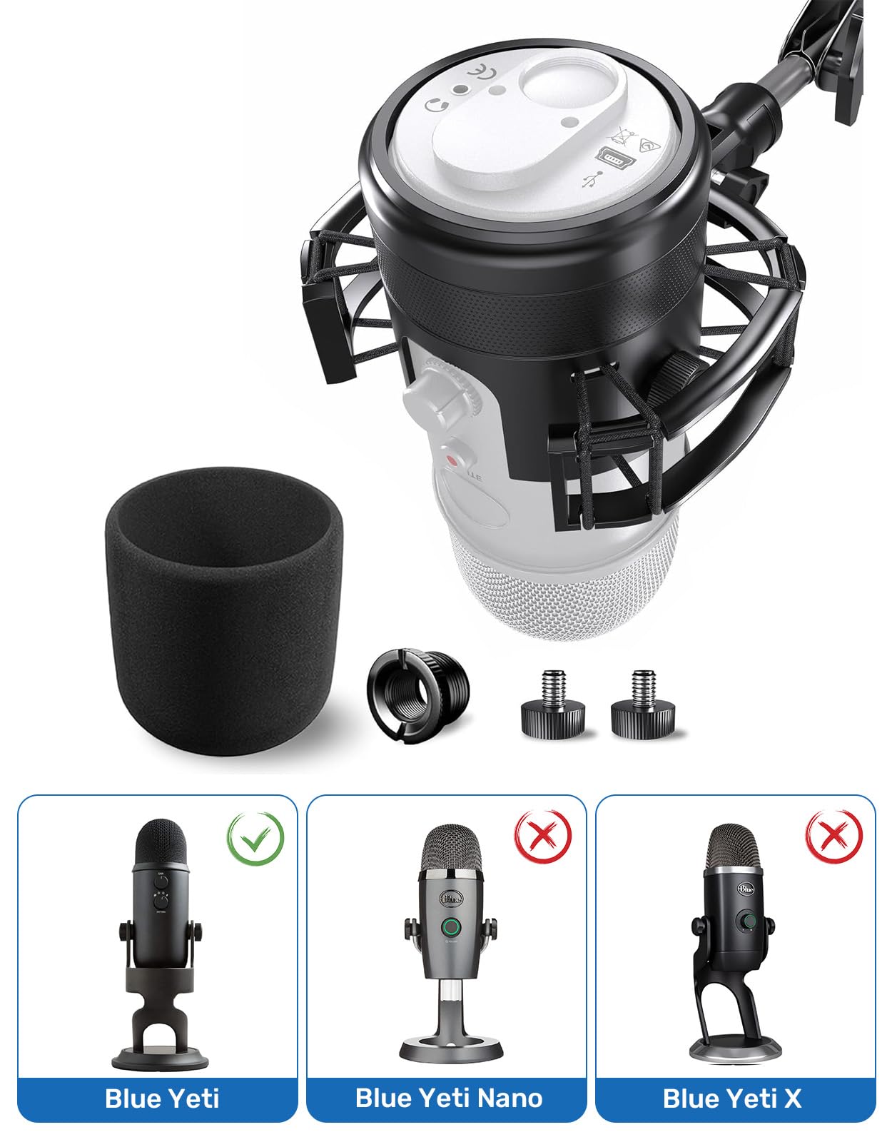Borenbuir Custom Built Shock Mount with Pop Filter for Blue Yeti Microphones, Metal Plastic Frame, Anti-Vibration Suspension, Floor Mount - View 4 of 9