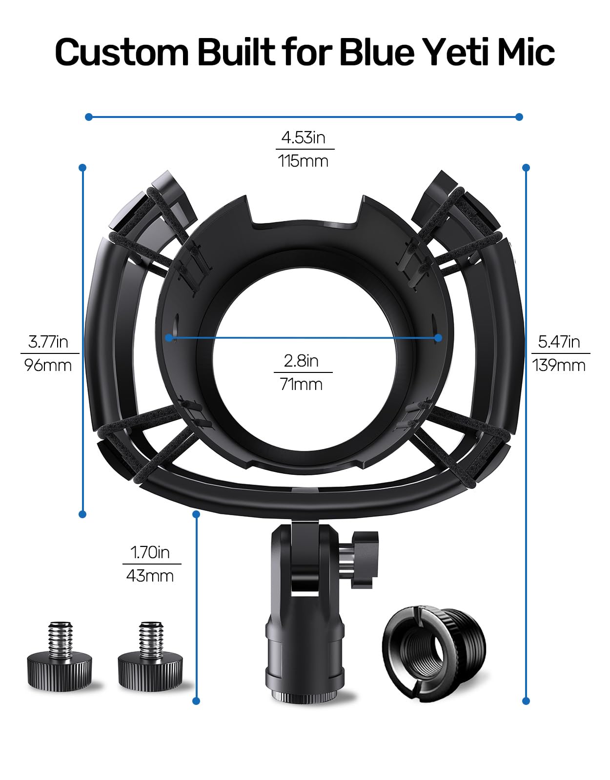 Borenbuir Custom Built Shock Mount with Pop Filter for Blue Yeti Microphones, Metal Plastic Frame, Anti-Vibration Suspension, Floor Mount - View 8 of 9