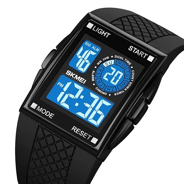 XCZAP XCZAP Men's Luminous Square Digital Sports Watch Waterproof Multi-Function Black White - View 4 of 8
