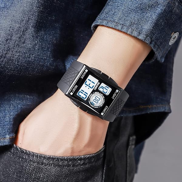 XCZAP XCZAP Men's Luminous Square Digital Sports Watch Waterproof Multi-Function Black White - View 7 of 8