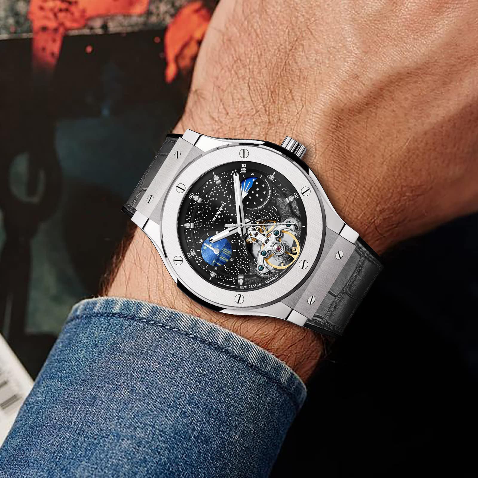 Automatic Watches for Men, Skeleton Watches for Men Analog Tourbillon Watch Starry Sky Dial 12-Hour Small Dial Moon Phase Mechanical Watch Black - View 2 of 6