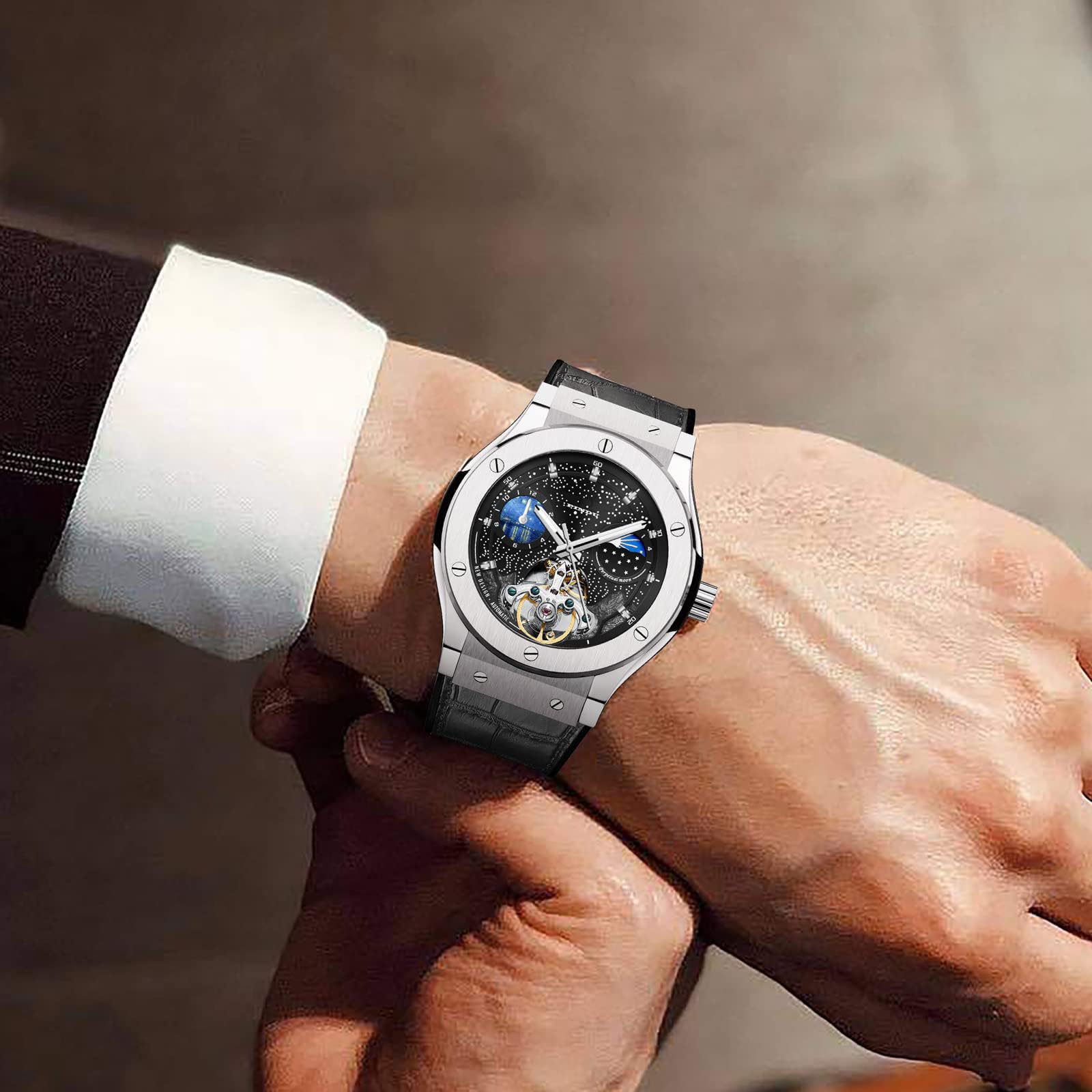 Automatic Watches for Men, Skeleton Watches for Men Analog Tourbillon Watch Starry Sky Dial 12-Hour Small Dial Moon Phase Mechanical Watch Black - View 3 of 6