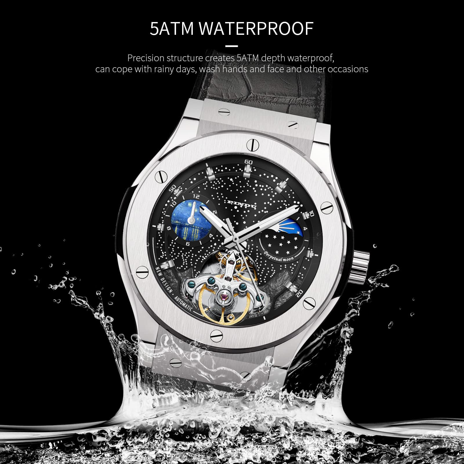 Automatic Watches for Men, Skeleton Watches for Men Analog Tourbillon Watch Starry Sky Dial 12-Hour Small Dial Moon Phase Mechanical Watch Black - View 4 of 6