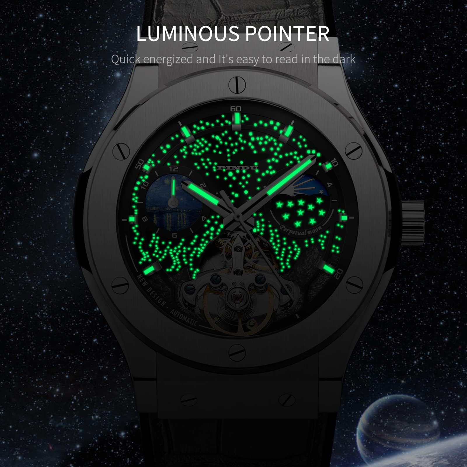 Automatic Watches for Men, Skeleton Watches for Men Analog Tourbillon Watch Starry Sky Dial 12-Hour Small Dial Moon Phase Mechanical Watch Black - View 5 of 6