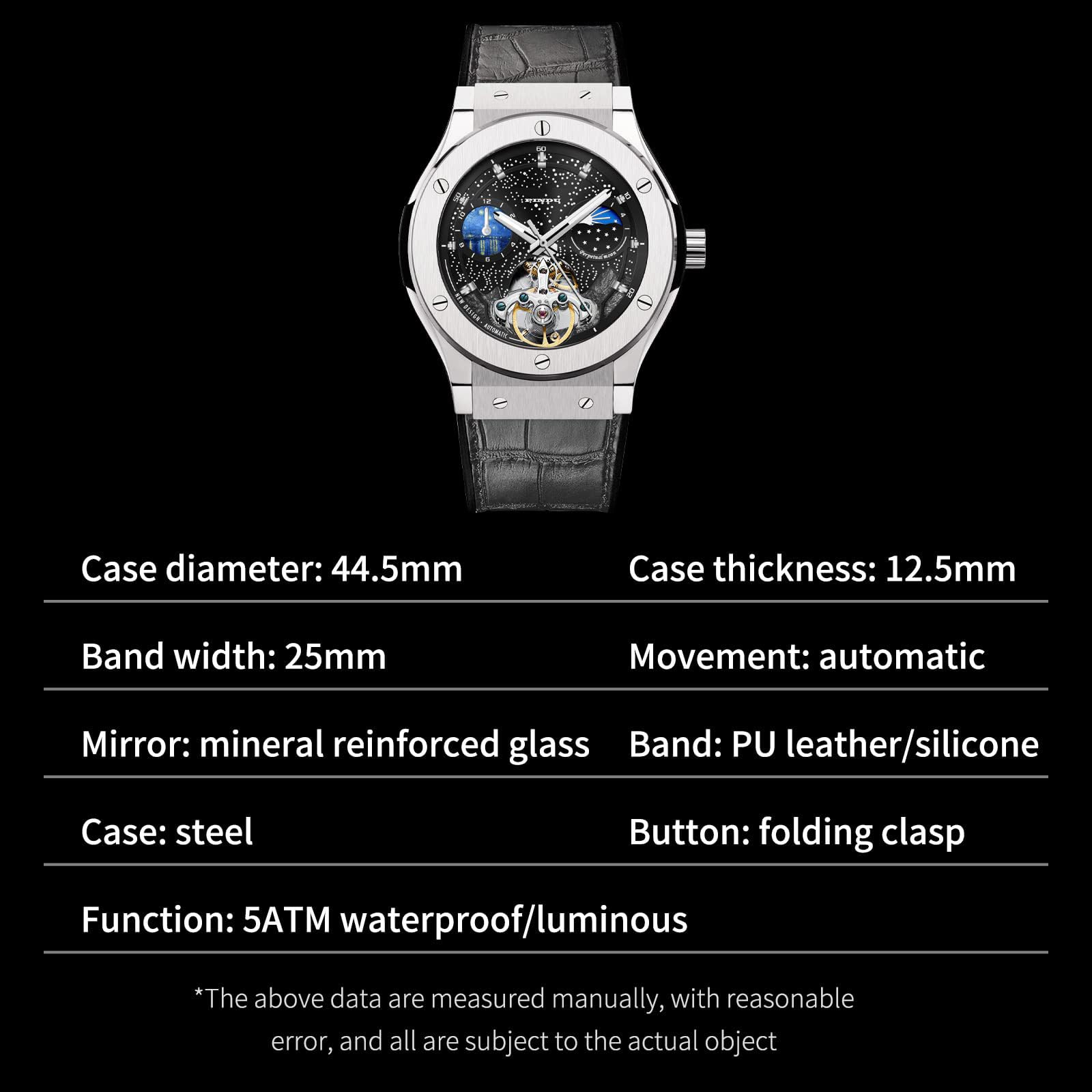 Automatic Watches for Men, Skeleton Watches for Men Analog Tourbillon Watch Starry Sky Dial 12-Hour Small Dial Moon Phase Mechanical Watch Black - View 6 of 6