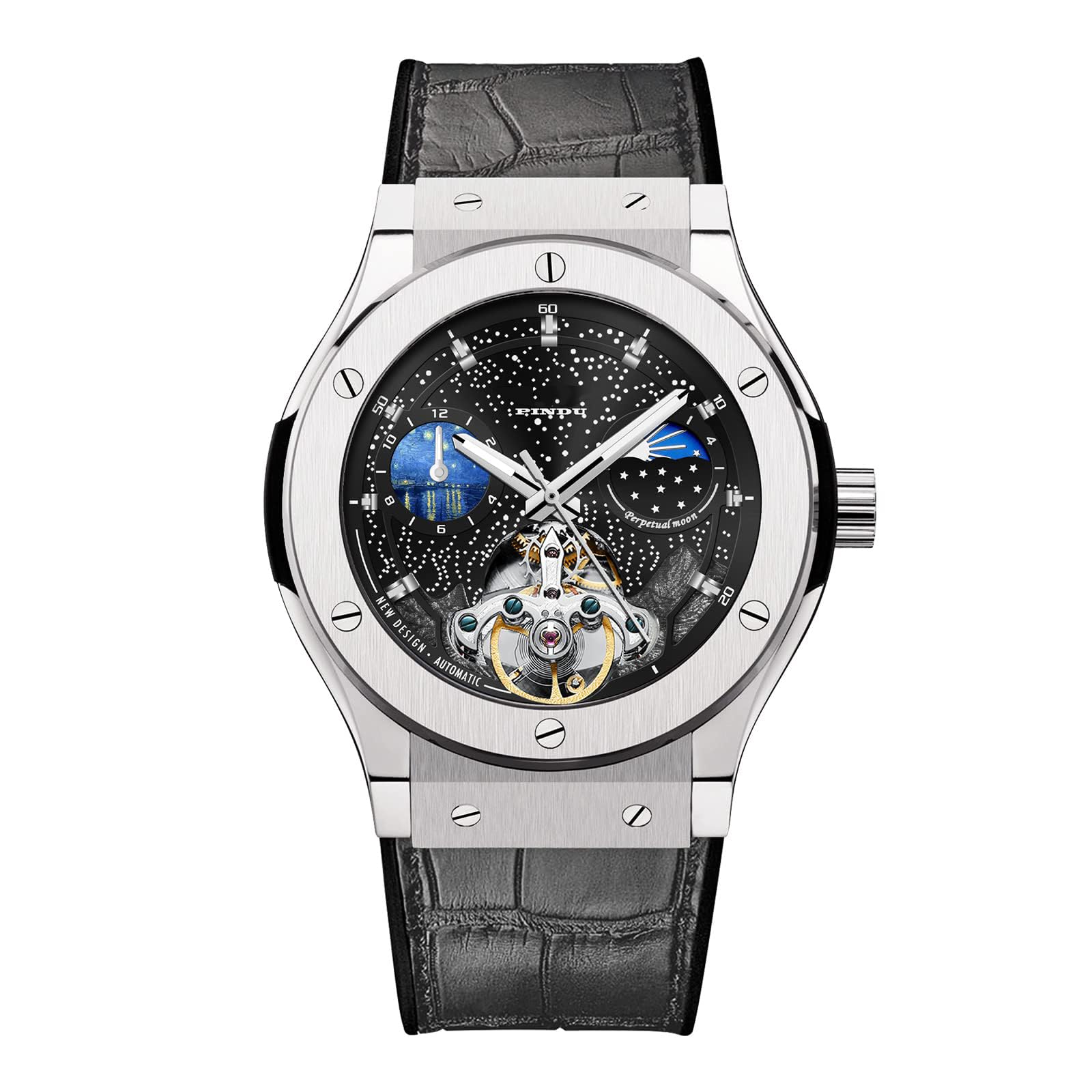 Automatic Watches for Men, Skeleton Watches for Men Analog Tourbillon Watch Starry Sky Dial 12-Hour Small Dial Moon Phase Mechanical Watch Black