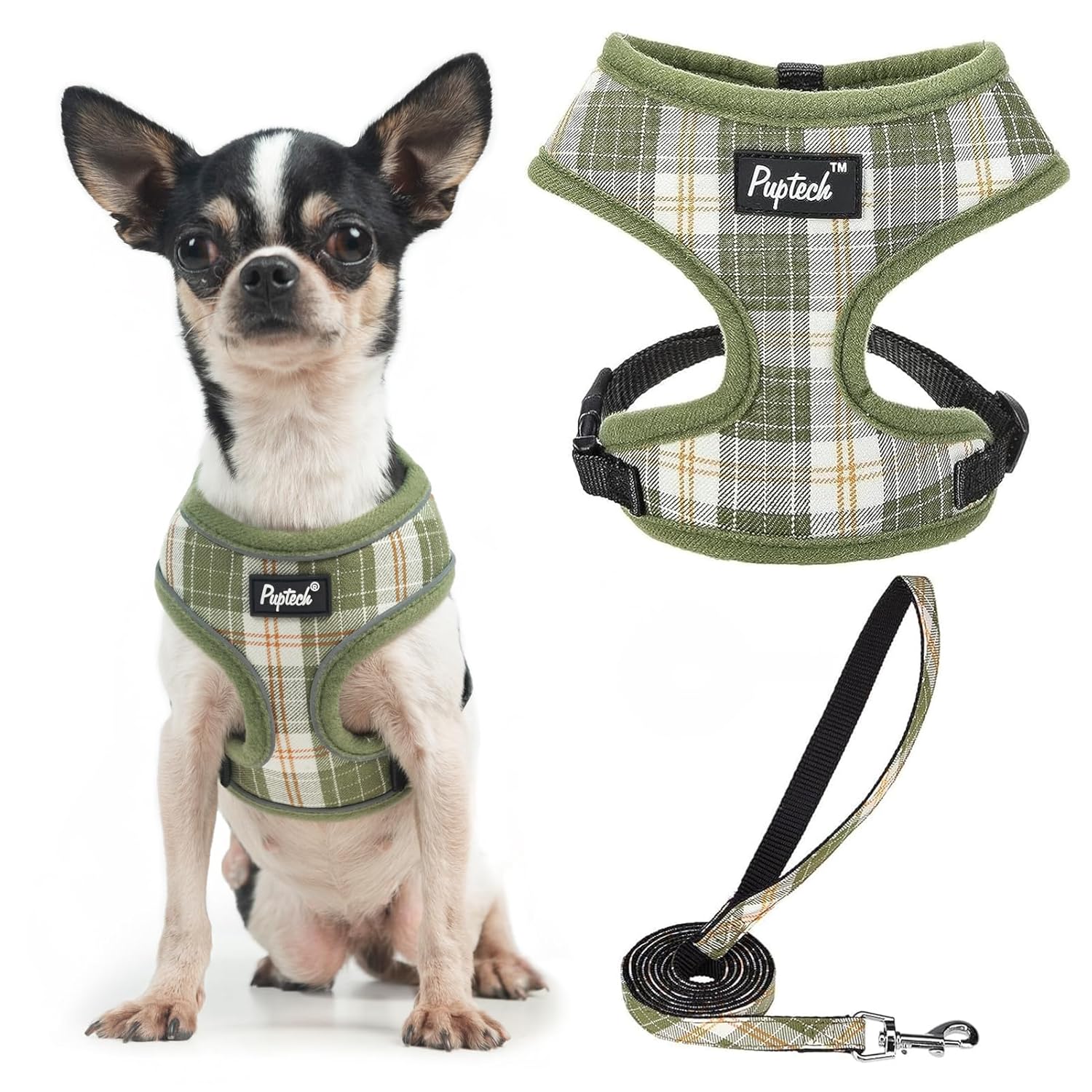 PUPTECK Soft Mesh Dog Harness and Leash Set Olive Green XS Comfortable No Pull Vest for Puppies and Cats