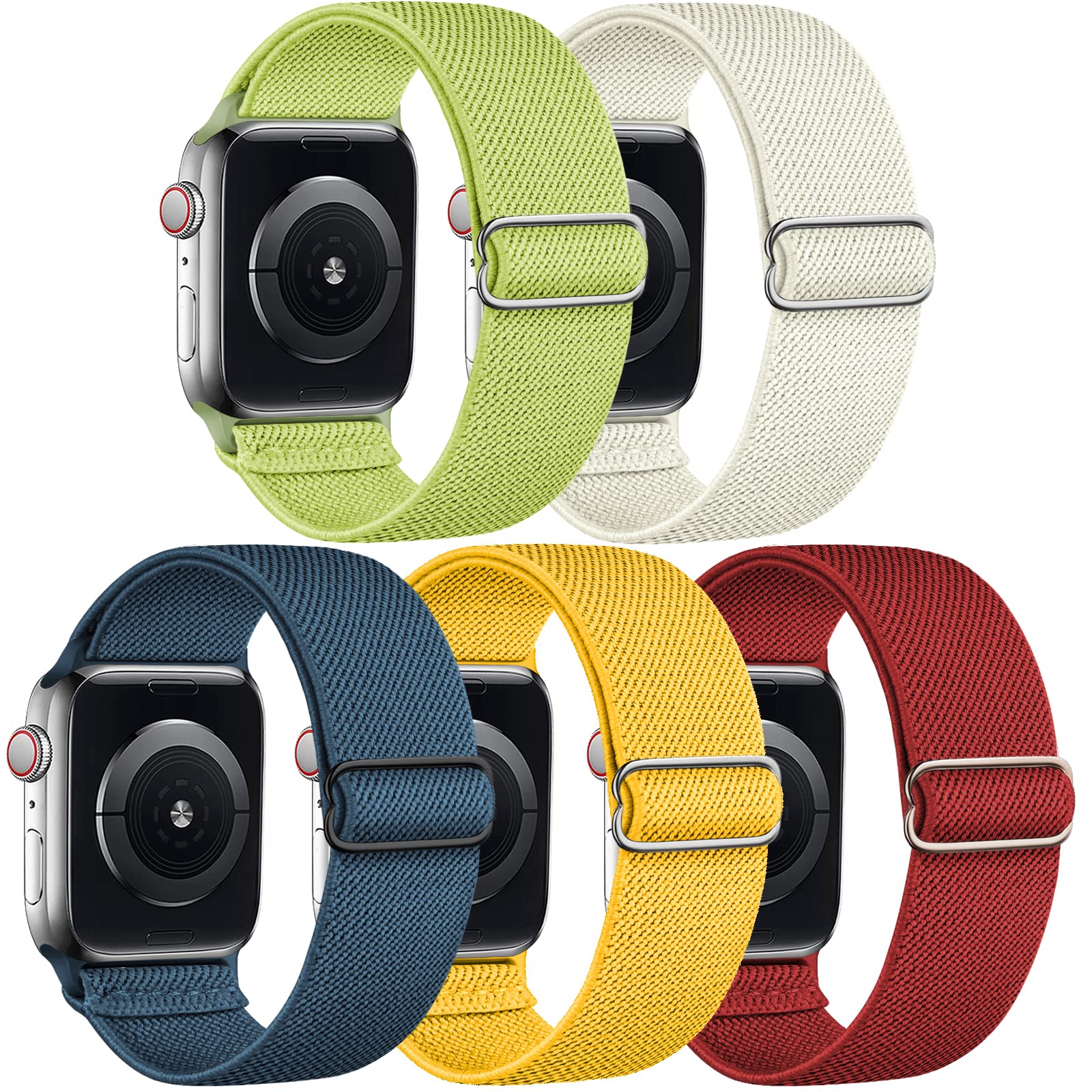 5 Pack Stretchy Nylon Band Compatible with Apple Watch Bands 40mm 41mm 42mm 44mm 45mm 46mm 49mm 38mm for Women Men, Braided Solo Loop Strap for
