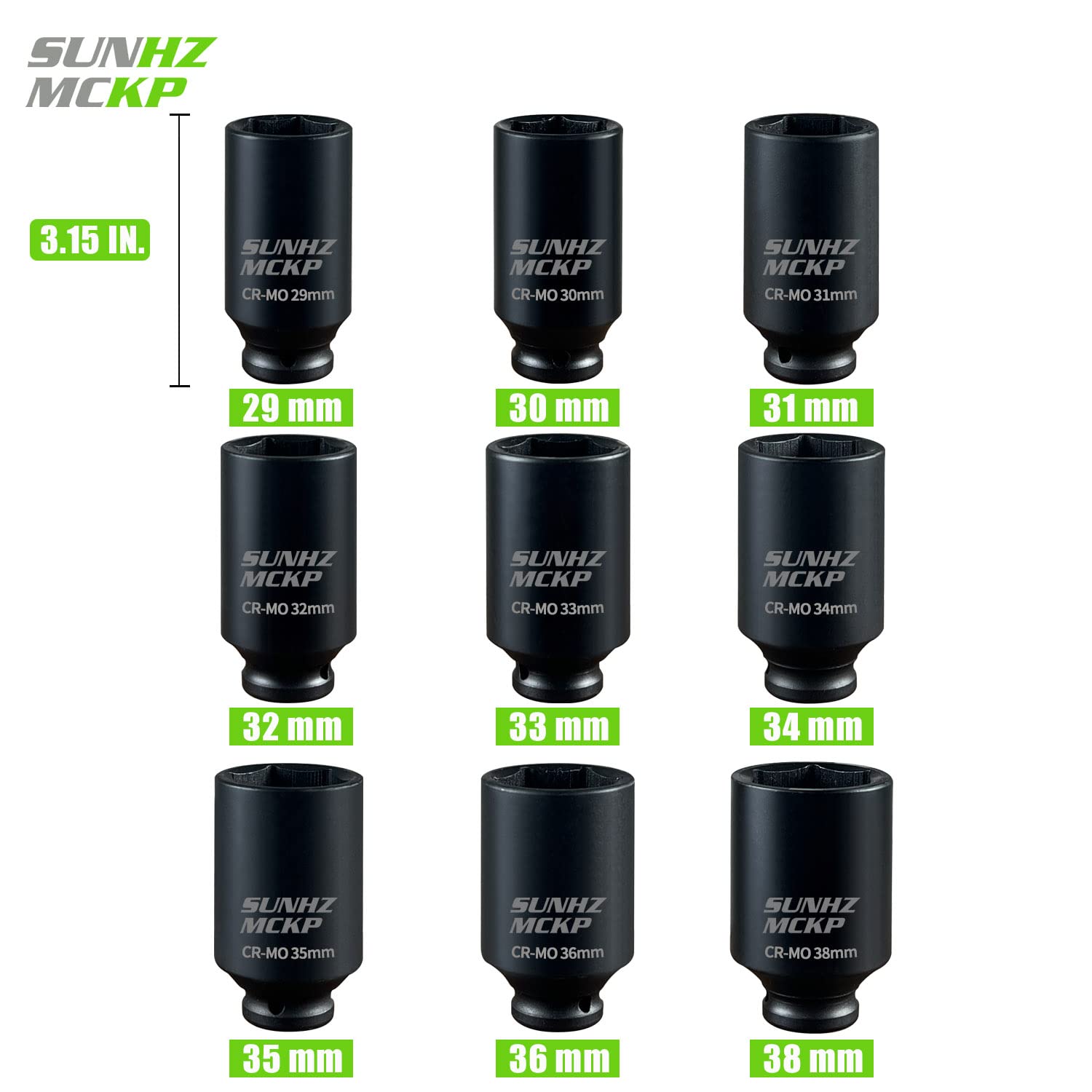 SUNHZ MCKP SUNKPMCKP 1/2 Inch Drive Deep 6 Point Impact Socket Set 9 Piece Metric Cr Mo 29mm to 38mm for Spindle Axle Nut - View 2 of 8