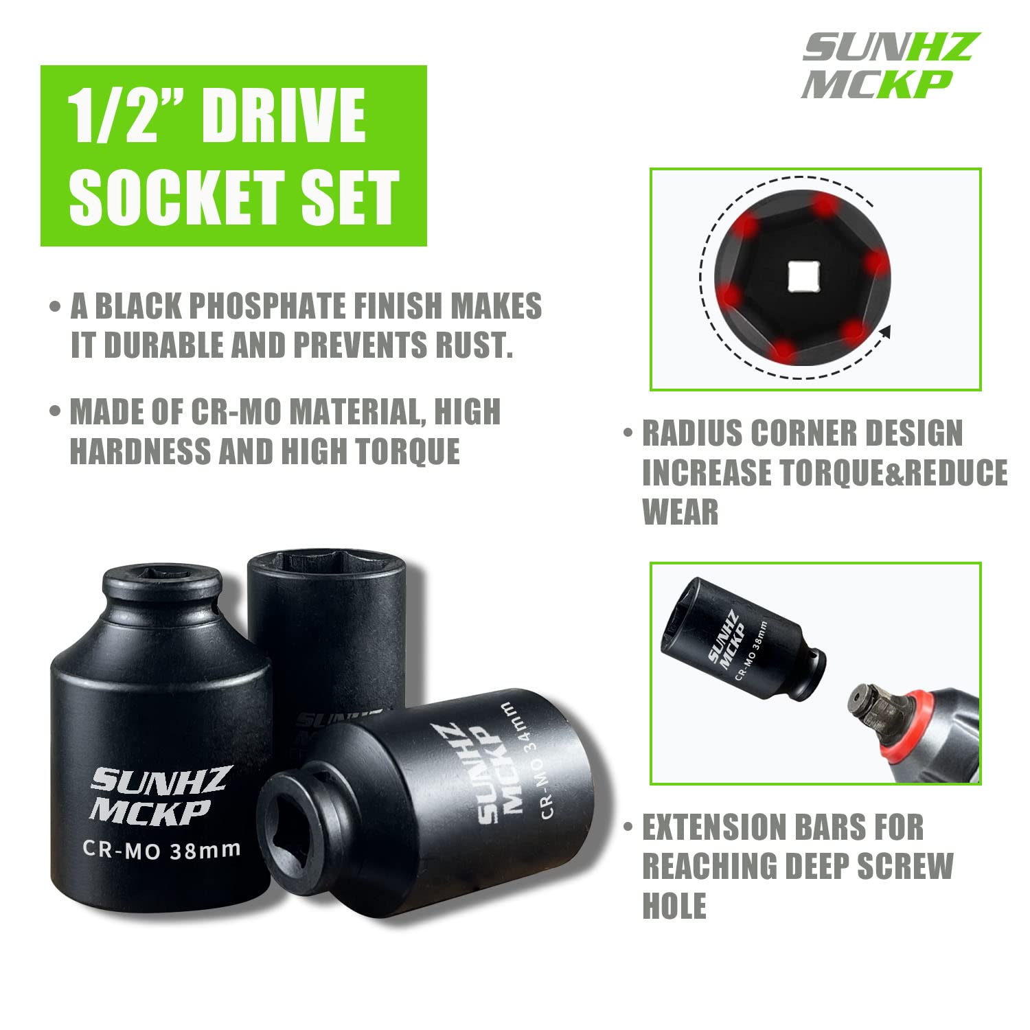 SUNHZ MCKP SUNKPMCKP 1/2 Inch Drive Deep 6 Point Impact Socket Set 9 Piece Metric Cr Mo 29mm to 38mm for Spindle Axle Nut - View 3 of 8