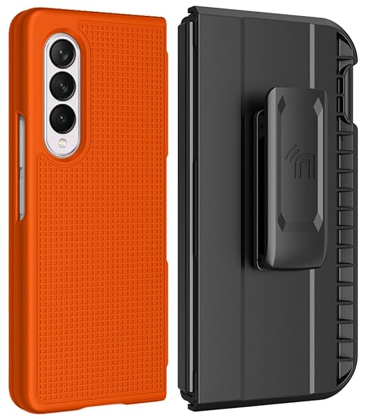 Nakedcellphone Galaxy Z Fold 3 Case with Clip & S Pen Slot - Slim Hard Cover & Rotating Belt Holster in Bright Orange | Nakedcellphone - View 2 of 11