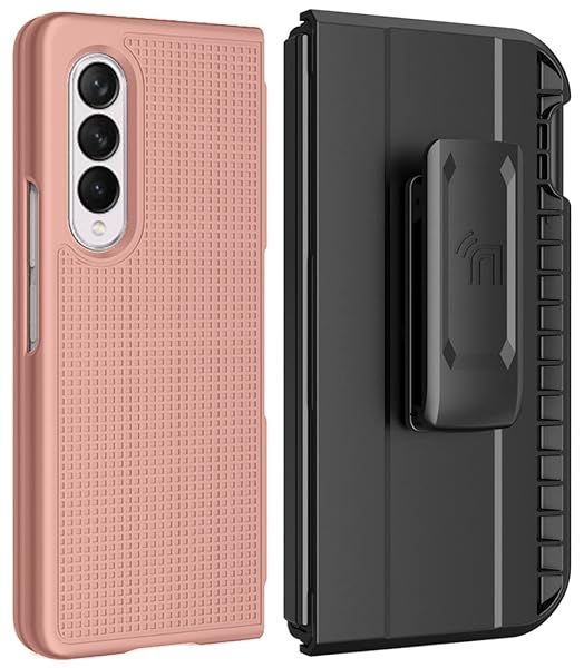 Nakedcellphone Galaxy Z Fold 3 Case with Clip & S Pen Slot - Slim Hard Cover & Rotating Belt Holster in Rose Gold Pink - View 2 of 10