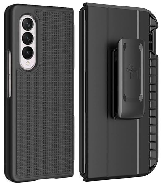 Nakedcellphone Galaxy Z Fold 3 Case with Clip & S Pen Slot - Slim Hard Cover & Rotating Belt Holster Combo - Nakedcellphone Black Tread - View 2 of 11