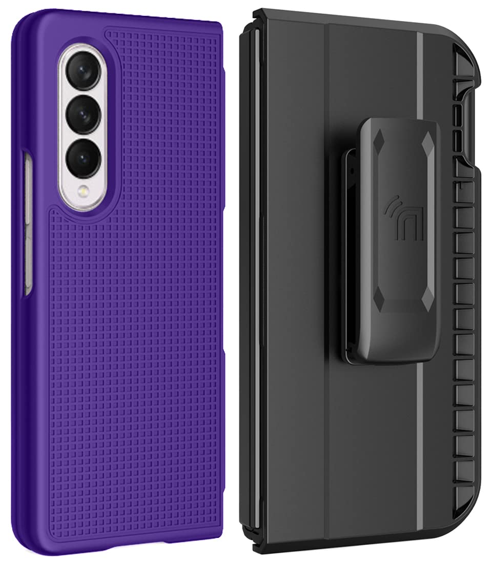 Galaxy Z Fold 3 Case with Clip & S Pen Slot - Slim Hard Cover & Rotating Holster Combo in Purple | Nakedcellphone