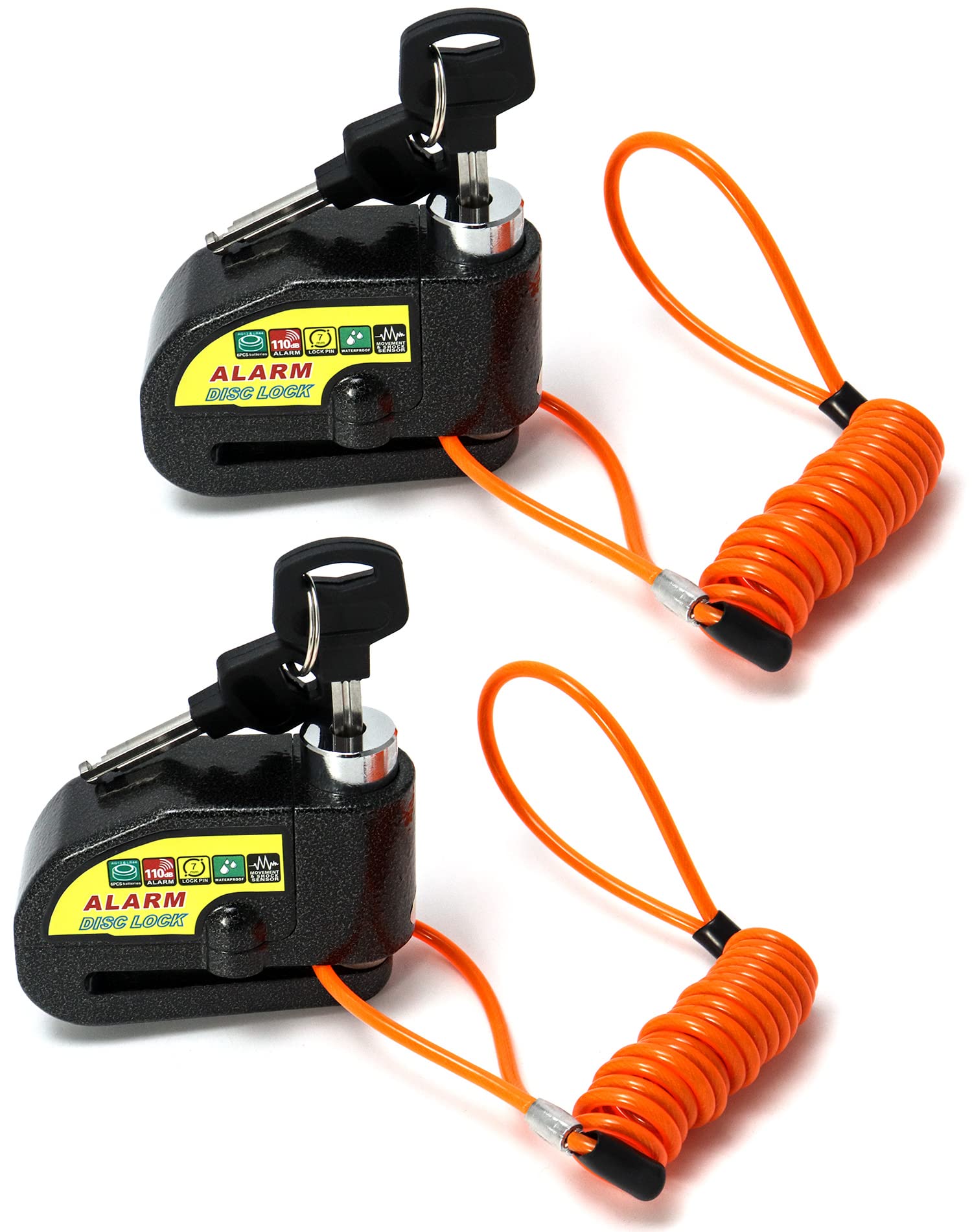 QWORK 2 Pack Motorcycle Disc Brake Lock with 110db Alarm Sound, Prevent Theft and Secure Your Wheel Disk, for 7mm Brake Rotors, Includes 5ft Reminder