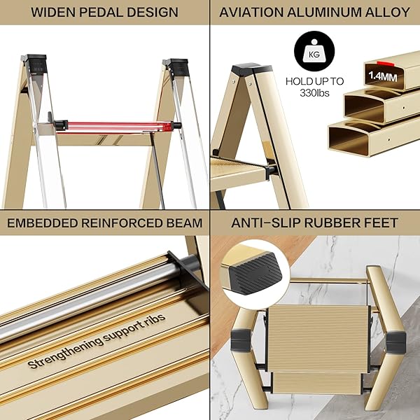 GameGem GameGem Aluminum Folding Step Ladder Lightweight Portable Anti-Slip Sturdy Wide Pedal Multi-Use Stepladder for Home Kitchen Gold 330 lbs - View 6 of 9