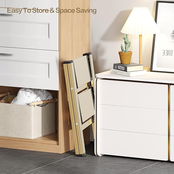 GameGem GameGem Aluminum Folding Step Ladder Lightweight Portable Anti-Slip Sturdy Wide Pedal Multi-Use Stepladder for Home Kitchen Gold 330 lbs - View 7 of 9